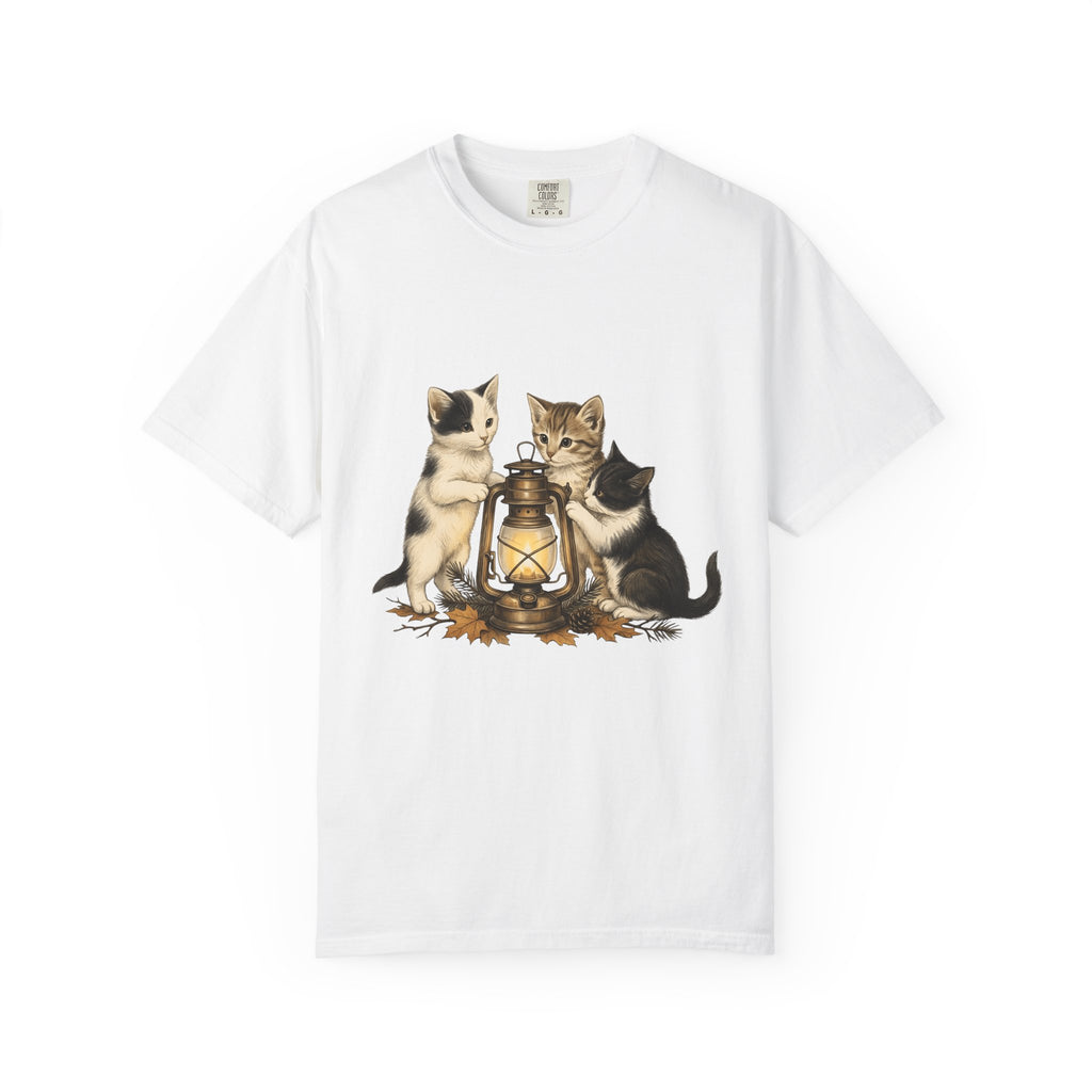 Feline Lantern Shirt Cat Environment Gift Women Naturalistic Tee Cat Lantern T-Shirt Cat Fan Eco Graphic Tshirt Shabby Chic Orange Leaves