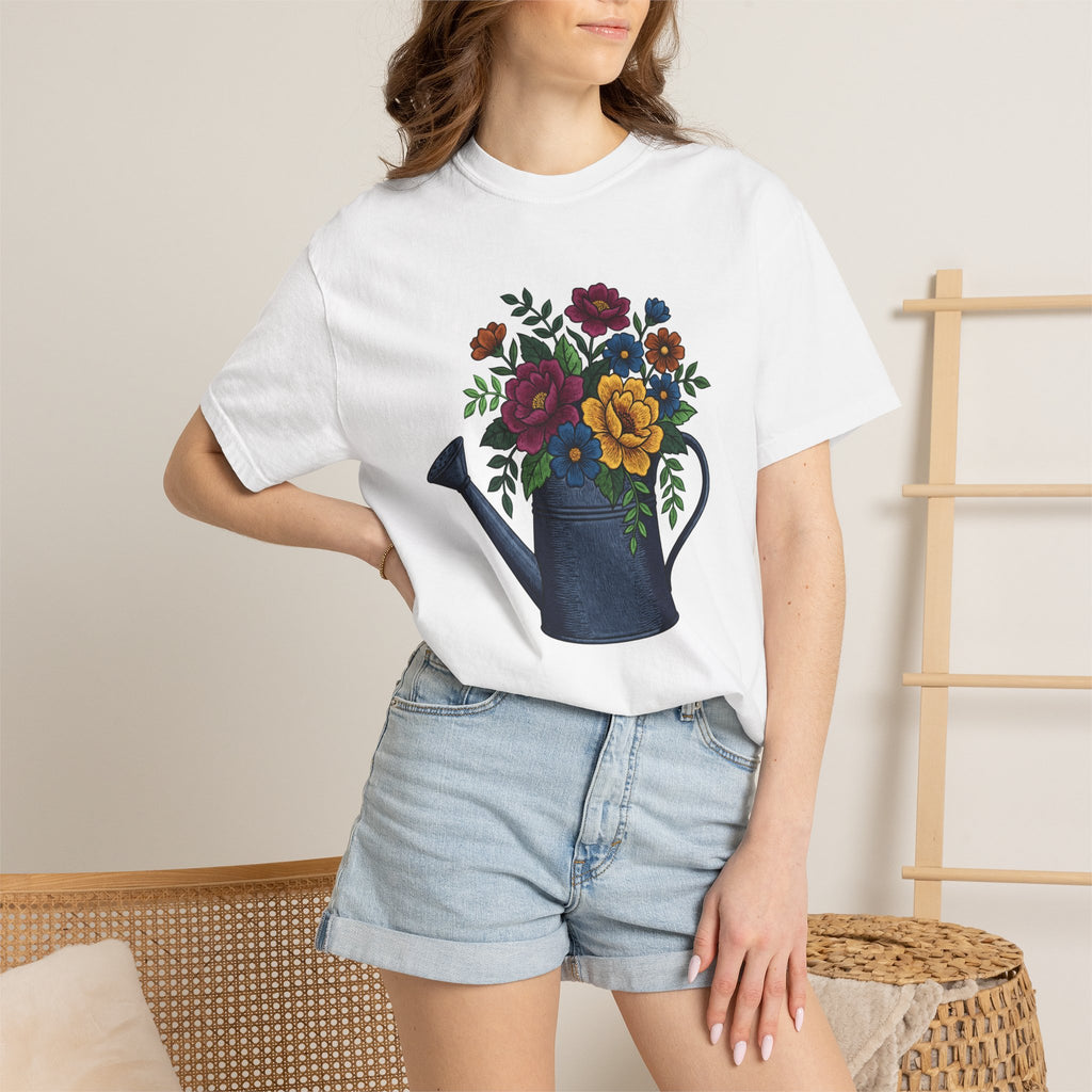 Flowers Watering Pitcher Shirt Easter Blossoms Gift Women Sewing Tee Watering Can T-Shirt Spring Fan Watercolor Tshirt Floral Graphic