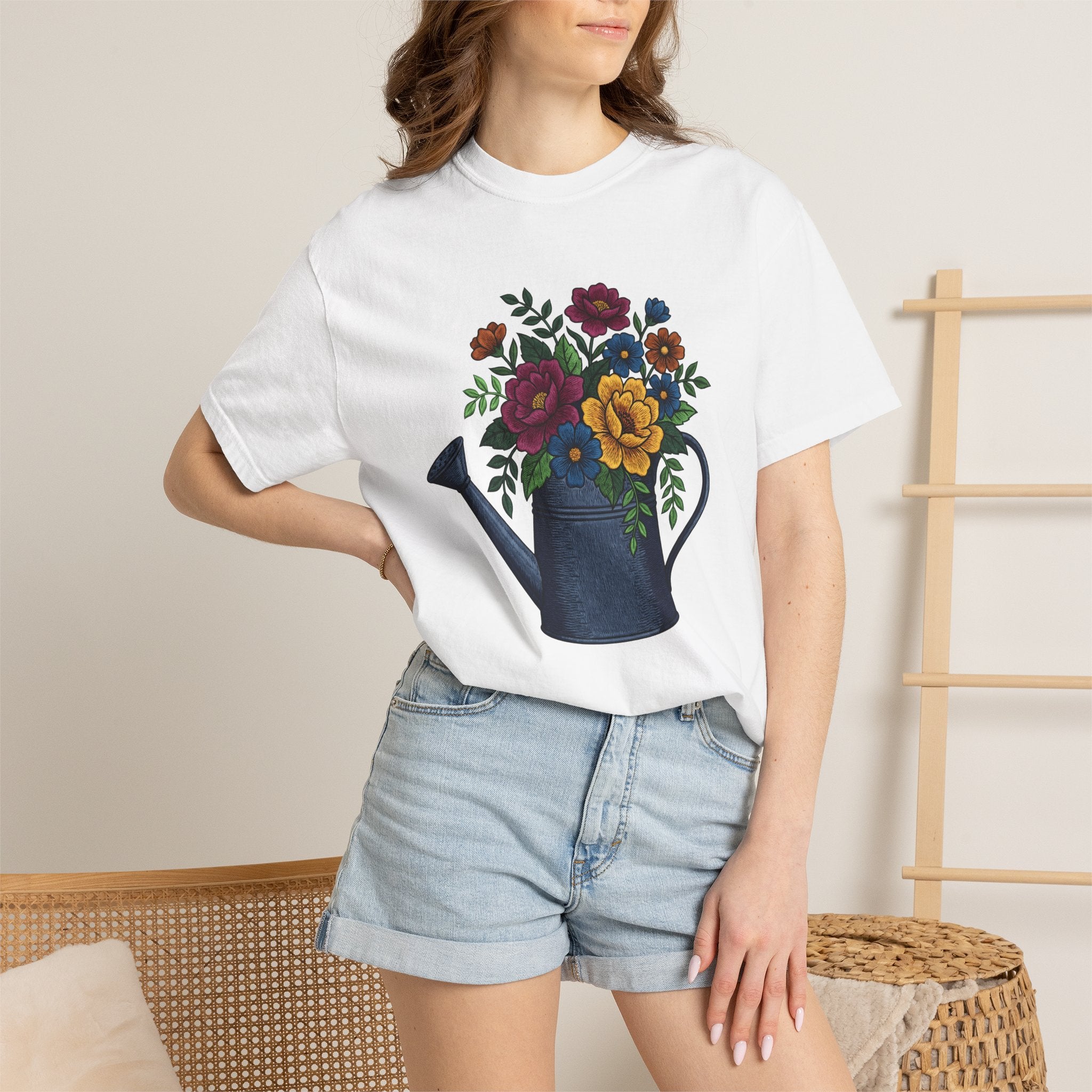 Flowers Watering Pitcher Shirt Easter Blossoms Gift Women Sewing Tee Watering Can T-Shirt Spring Fan Watercolor Tshirt Floral Graphic