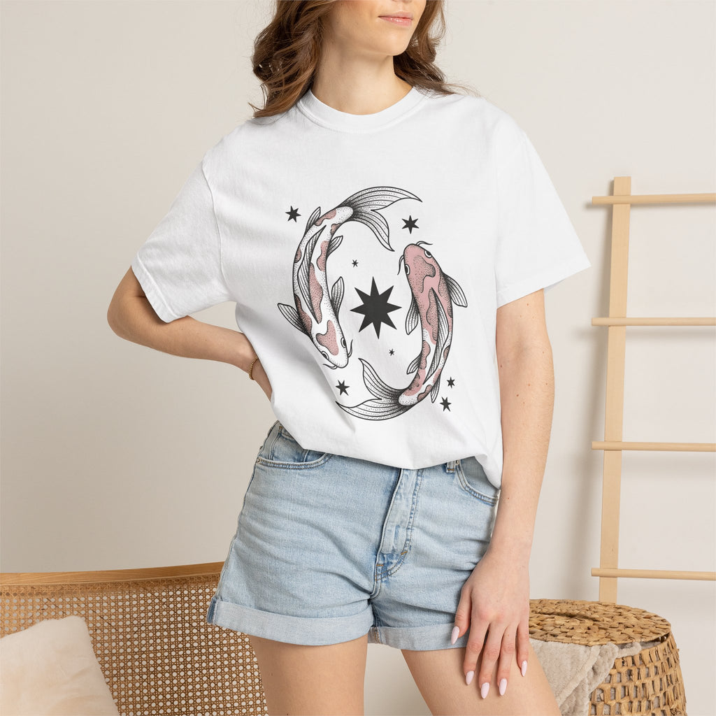 Koi Fish Shirt Animals Astrology Gift Women Neo Traditional Tee Carp T-Shirt Pet Fan Japanese Tshirt Zodiac Graphic Line Art Star Symbols