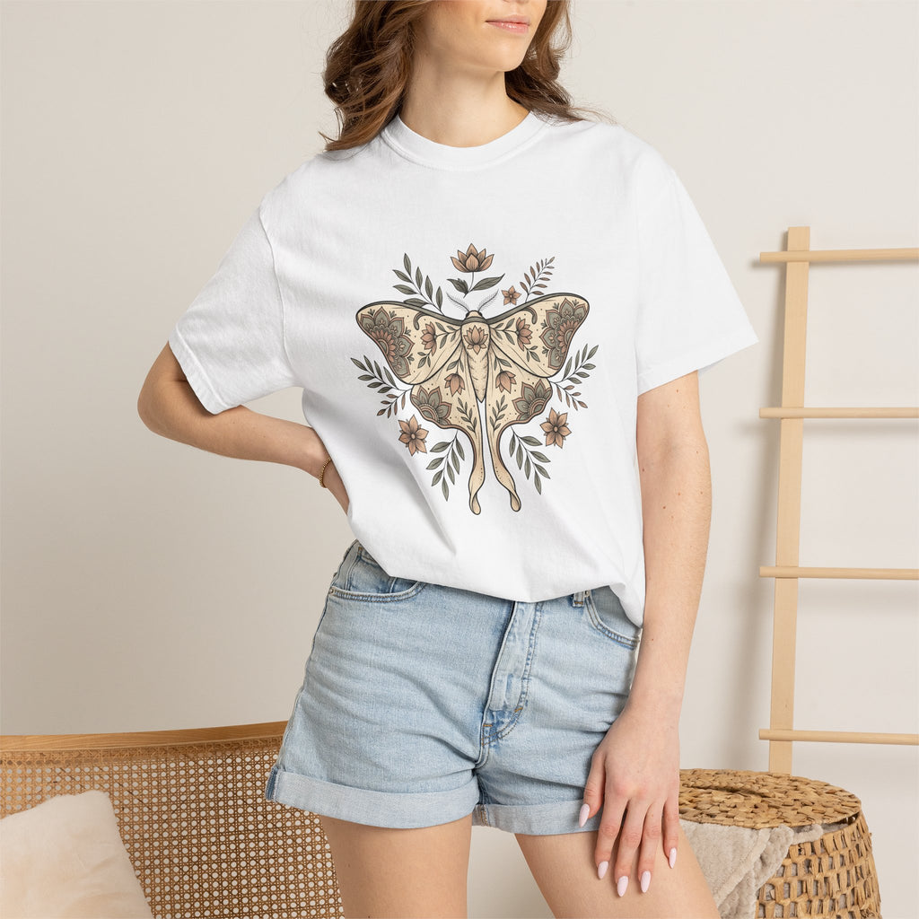 Moth Bloom Shirt Animals & Flowers Environment Gift Women Folk Tee Moth T-Shirt Wildlife Fan Nature Graphic Tshirt Antique Plant Tshirt