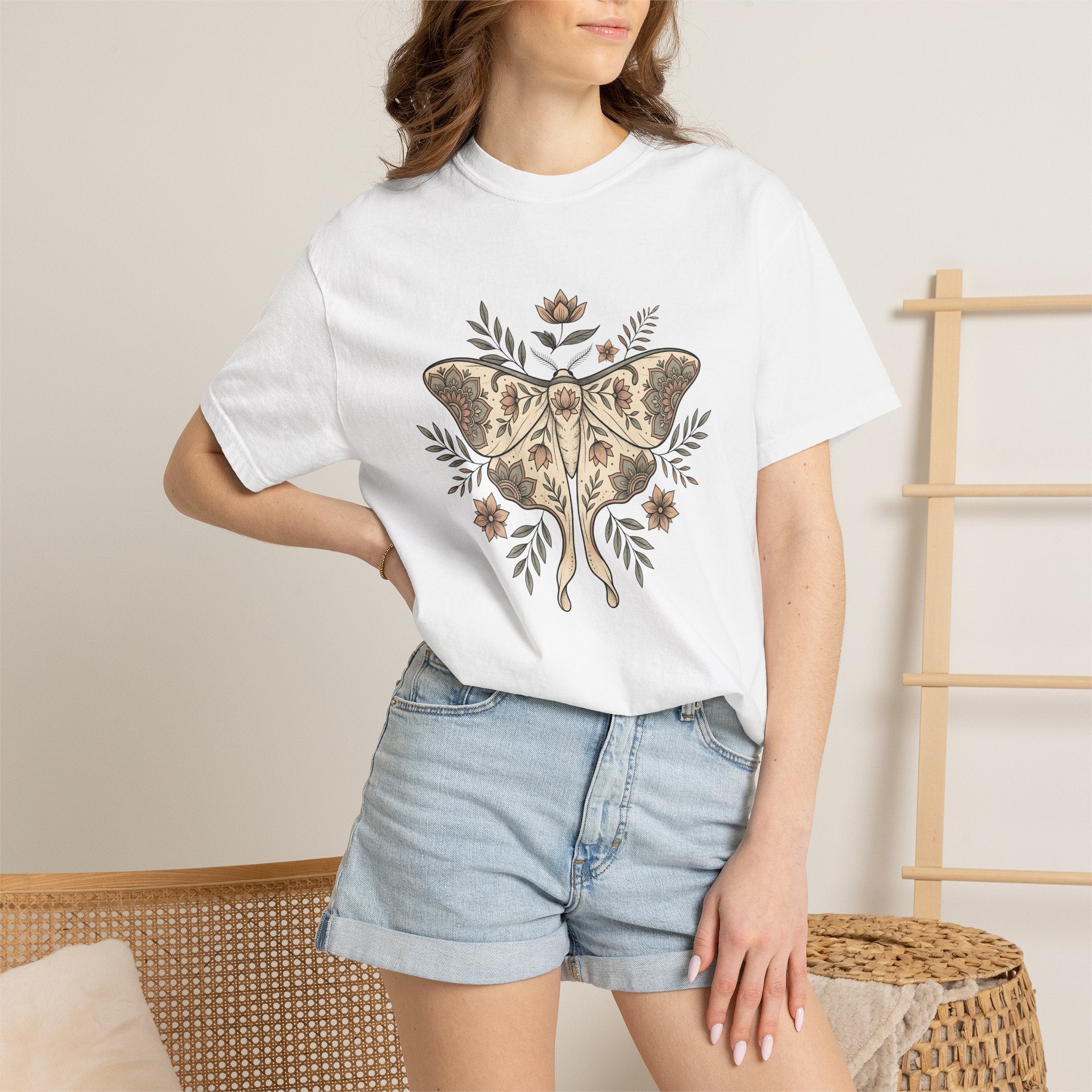 Moth Bloom Shirt Animals & Flowers Environment Gift Women Folk Tee Moth T-Shirt Wildlife Fan Nature Graphic Tshirt Antique Plant Tshirt