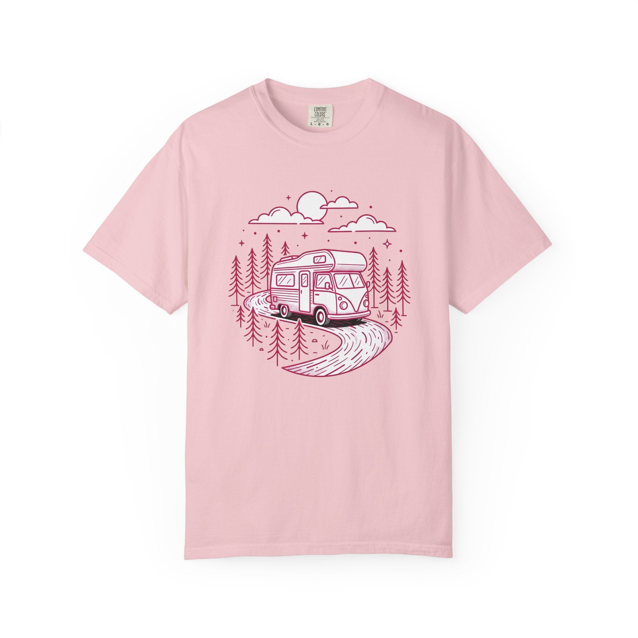 Camper Van Shirt Camping Adventure Gift Women Line Art Tee Motorhome T-Shirt Camper Fan Minimalist Tshirt Explorer Graphic Retro Pine Trees