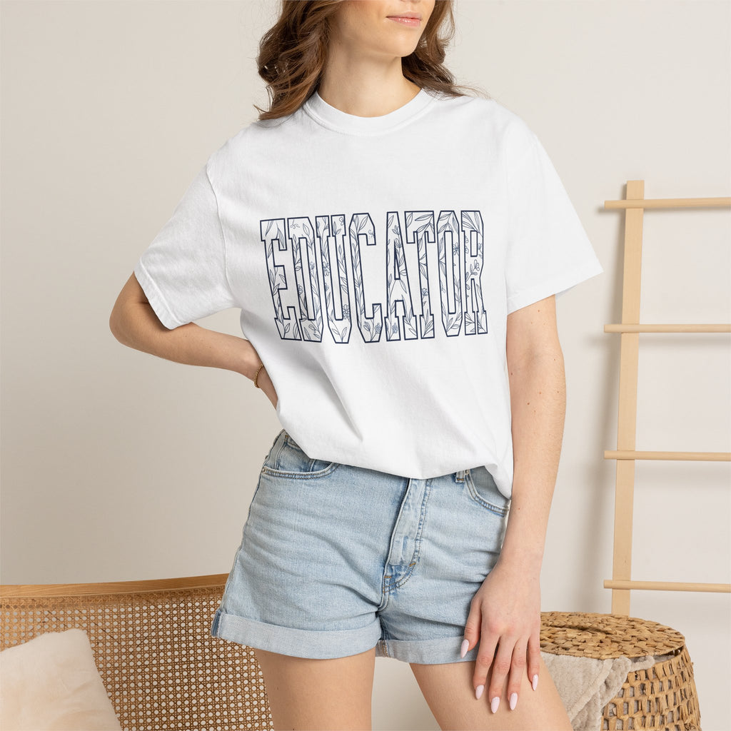 Blossom Block Lettering Shirt Teachers Thanks Gift Women Natural Tee Typography T-Shirt Educator Enthusiast Organic Tshirt Appreciation