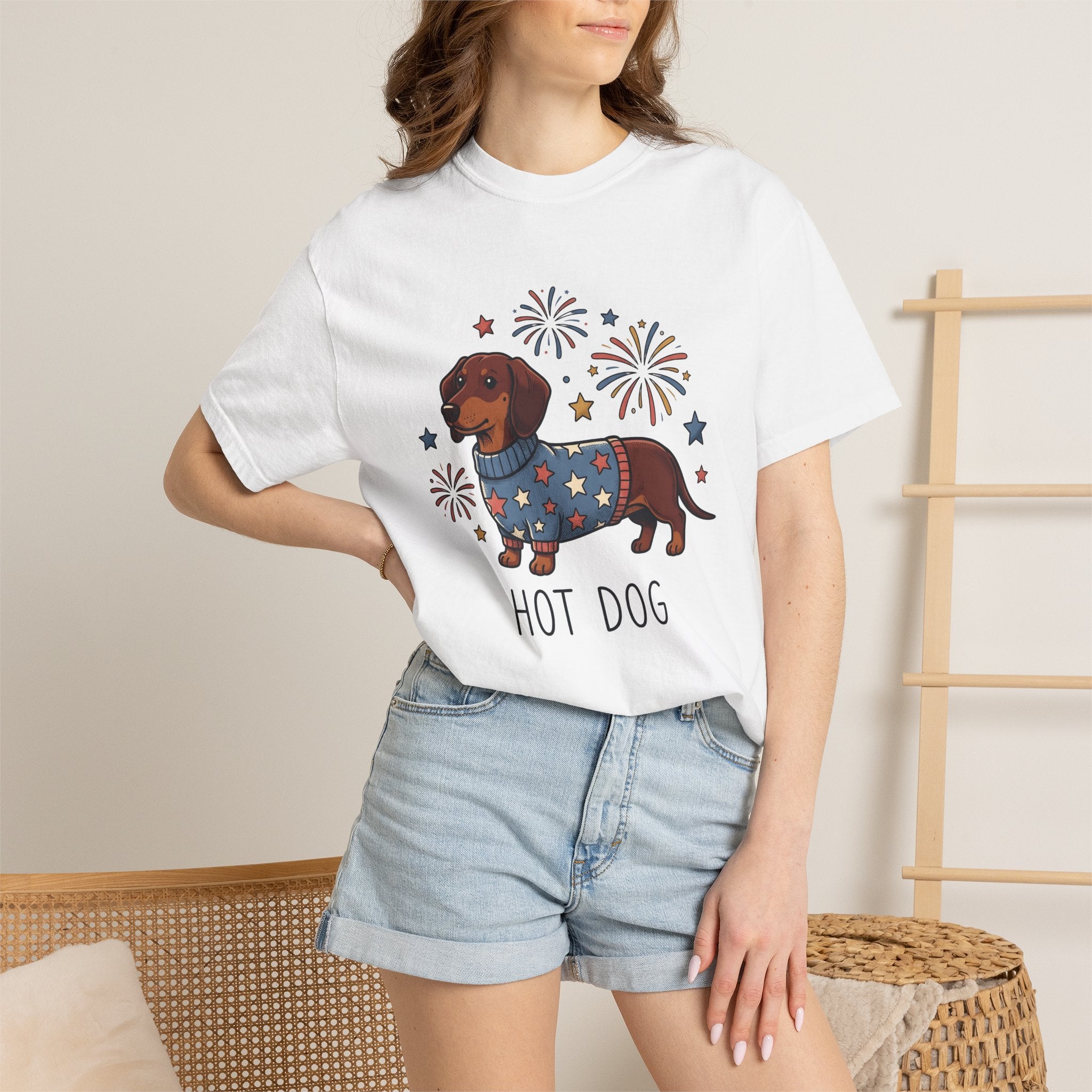 Dachshund Puppy Shirt 4th Of July Pet Owner Gift Women Hand Drawn Tee Wiener Dog T-Shirt Independence Day Fan Doodle Tshirt Dog Mom Graphic