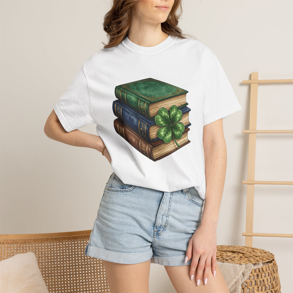 Book Stack Shirt St Patrick's Day Library Gift Women Illustration Tee Bookpile T-Shirt St Patricks Fan Book Art Tshirt Librarian Graphic