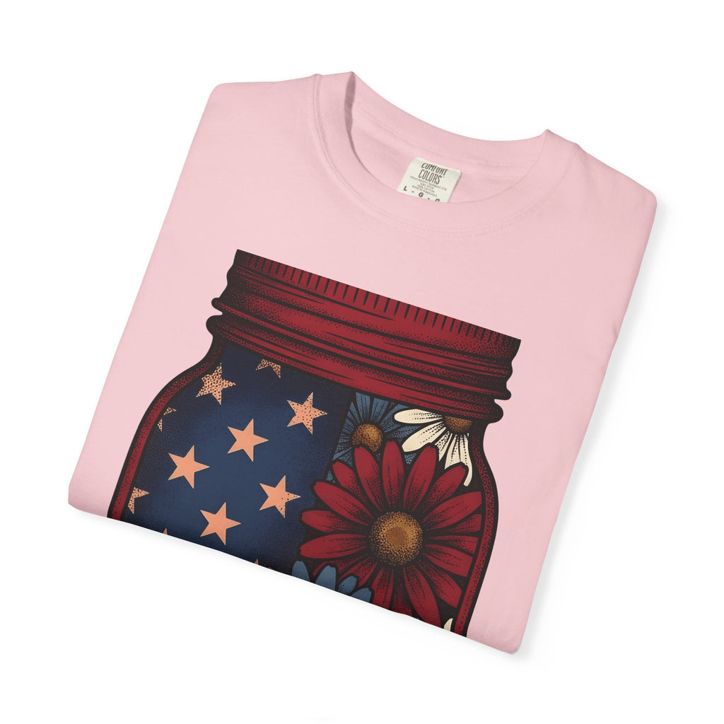 Jar Bouquet Shirt America Freedom Gift Women Old-Fashioned Tee Flower Arrangement T-Shirt Patriot Fan Vintage Tshirt Liberty Graphic Outline