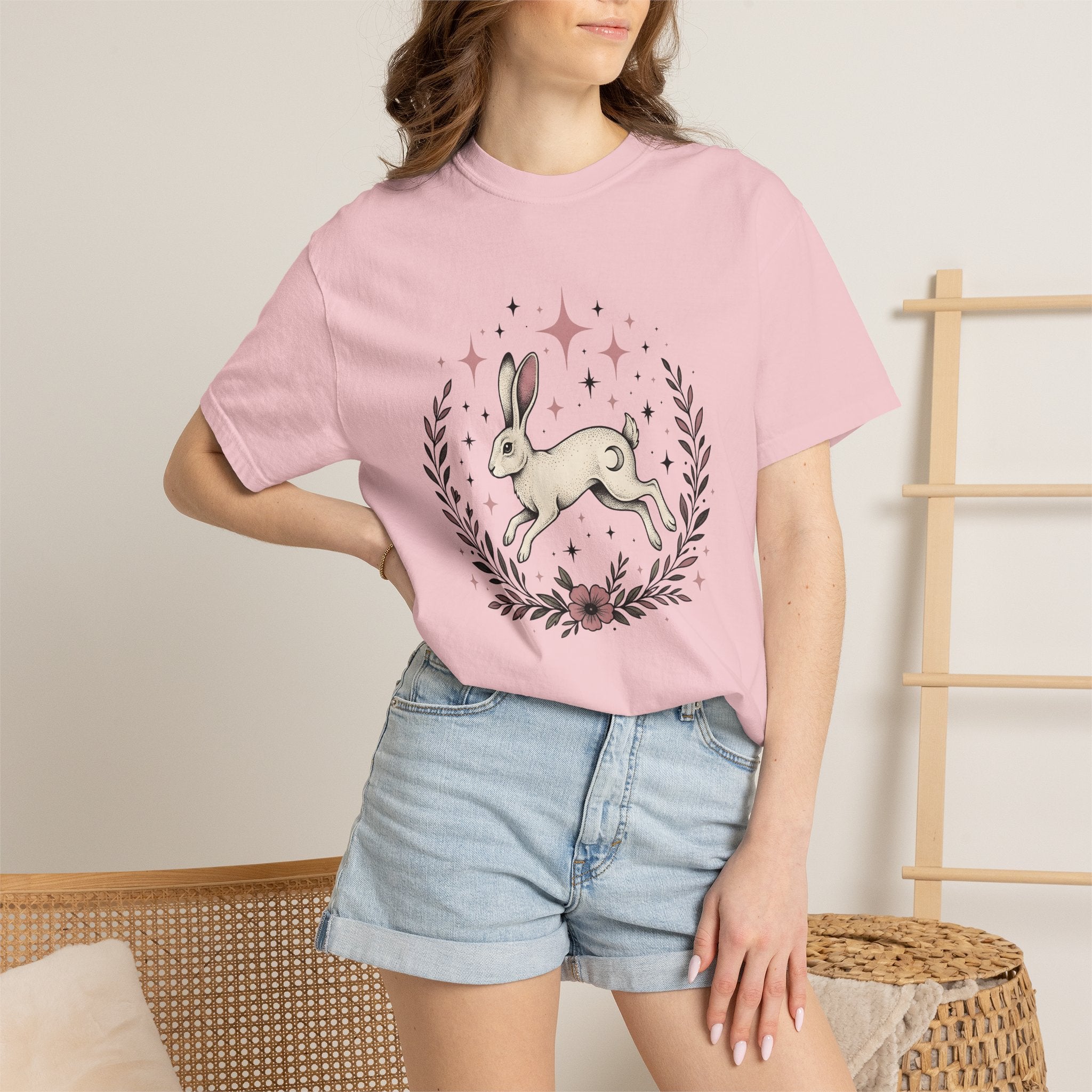 Hare Drawing Shirt Cute Pets Gift Women Folk Art Tee Rabbit T-Shirt Adorable Fan Bunny Graphic Tshirt Shabby Chic Bloom Tshirt