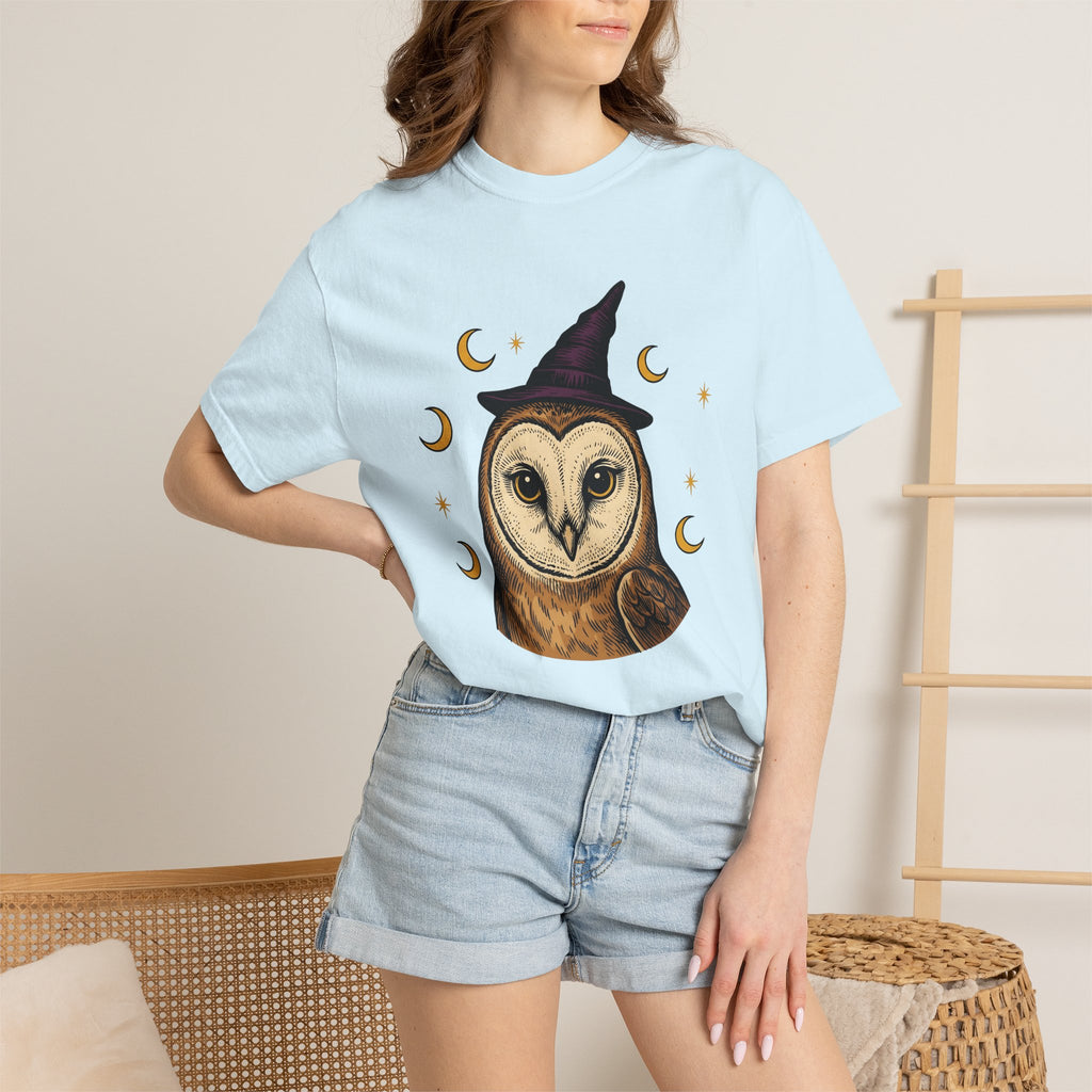 Owl Wizard Hat Shirt Halloween Wildlife Gift Women Sketch Tee Wizard Hat T-Shirt Horror Fan Drawing Graphic Retro Moon Phases Tshirt