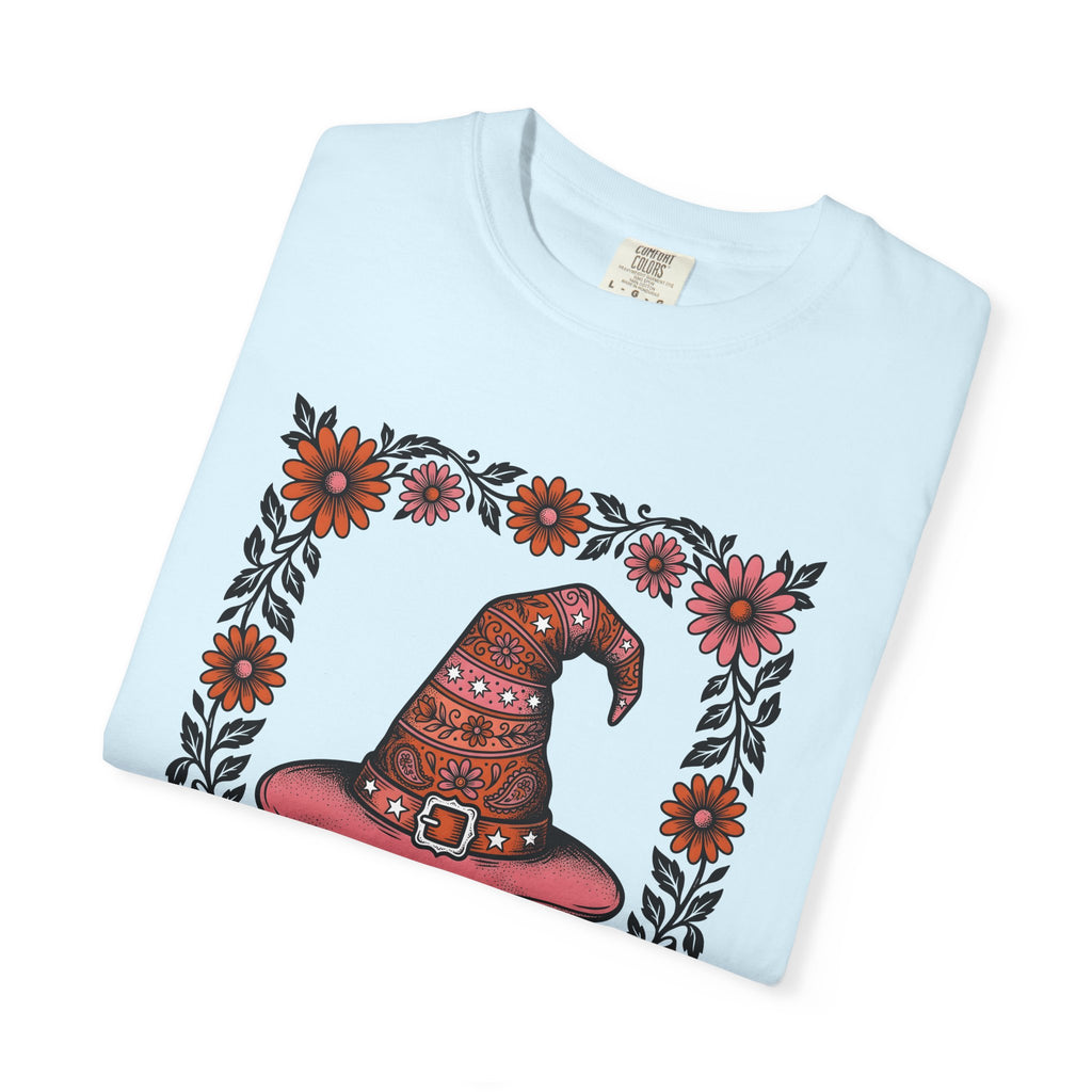 Magic Hat Shirt Halloween Bouquet Gift Women Line Art Tee Top Hat T-Shirt Spooky Fan Witch Hat Tshirt Floral Graphic Ink Drawing Petal