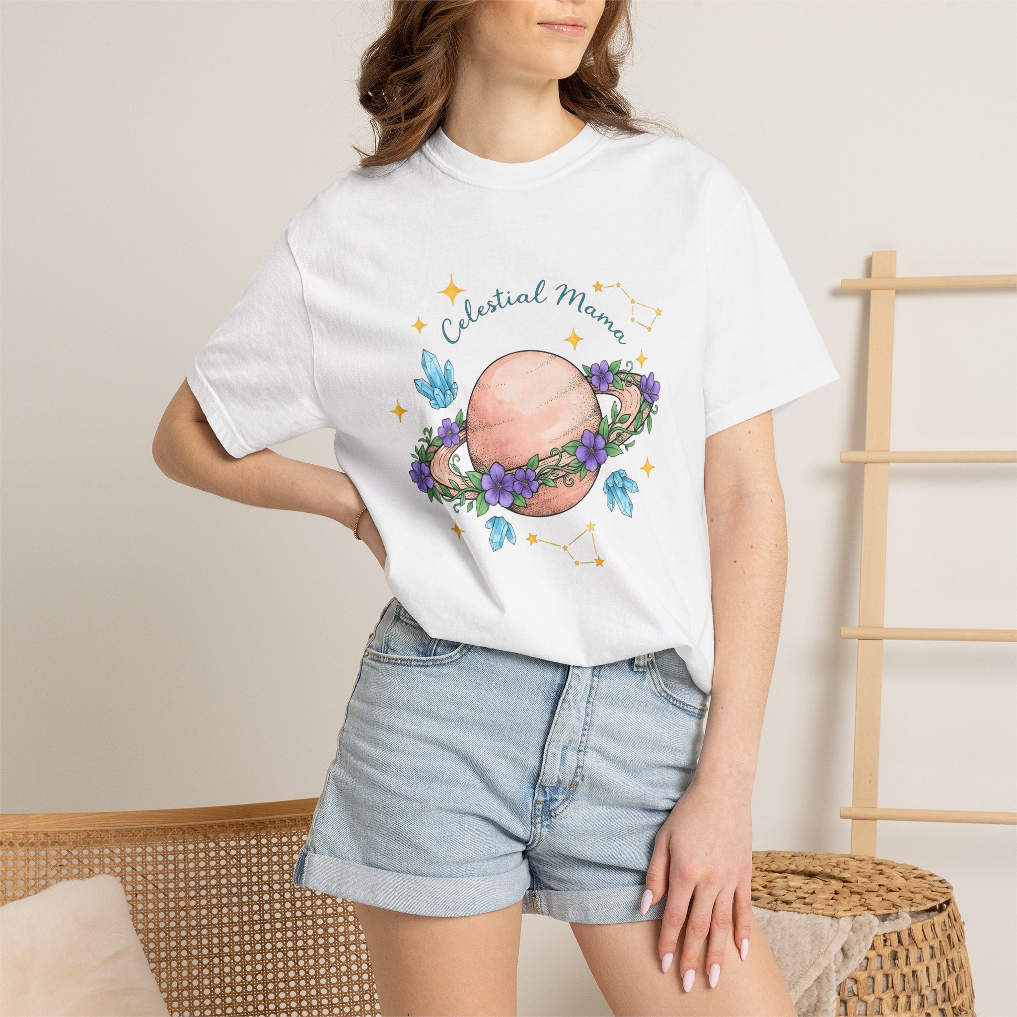 Flower Planet Shirt Boho Chic Astrology Gift Women Fantasy Tee Galaxy T-Shirt Bohemian Enthusiast Mystical Tshirt Zodiac Graphic Brushstroke