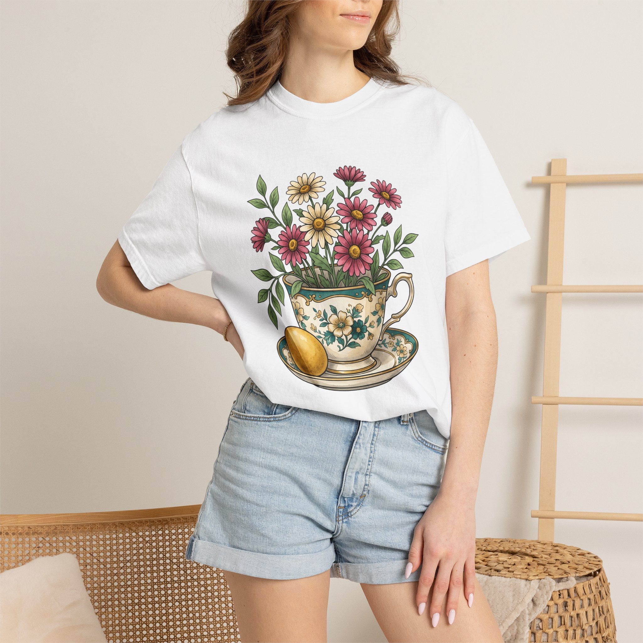 Floral Teacup Shirt Easter Floral Gift Women Vintage Tee Teacup T-Shirt Easter Fan Retro Tshirt Blooms Illustration Hand Drawn Egg Tshirt