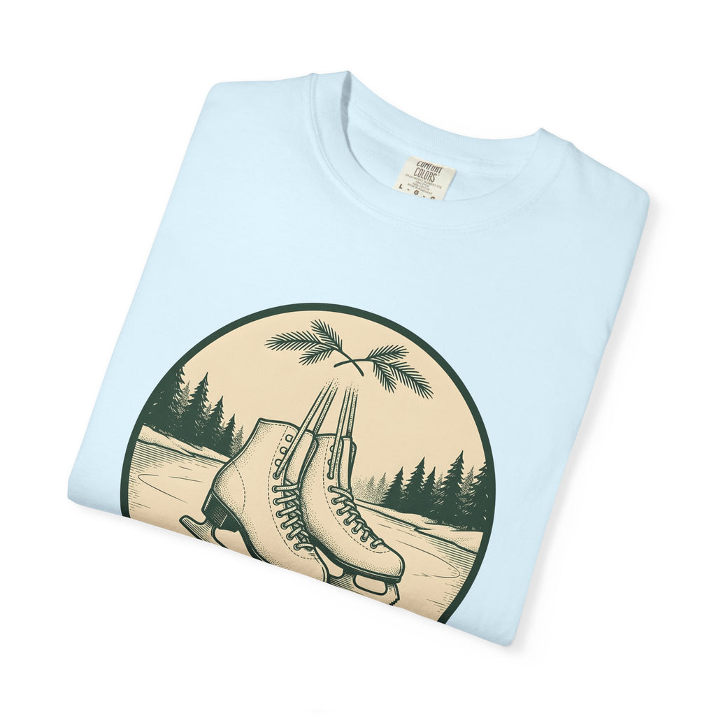 Ice Skates Shirt Christmas Winter Gift Women Vintage Tee Skating T-Shirt Xmas Fan Holiday Tshirt Frosty Illustration Hand Drawn Pine Trees