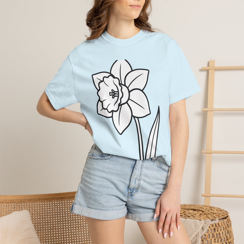 Daffodil Flower Shirt Easter Floral Gift Women Line Art Tee Narcissus T-Shirt Easter Fan Doodle Tshirt Botanical Graphic Minimalist Stem
