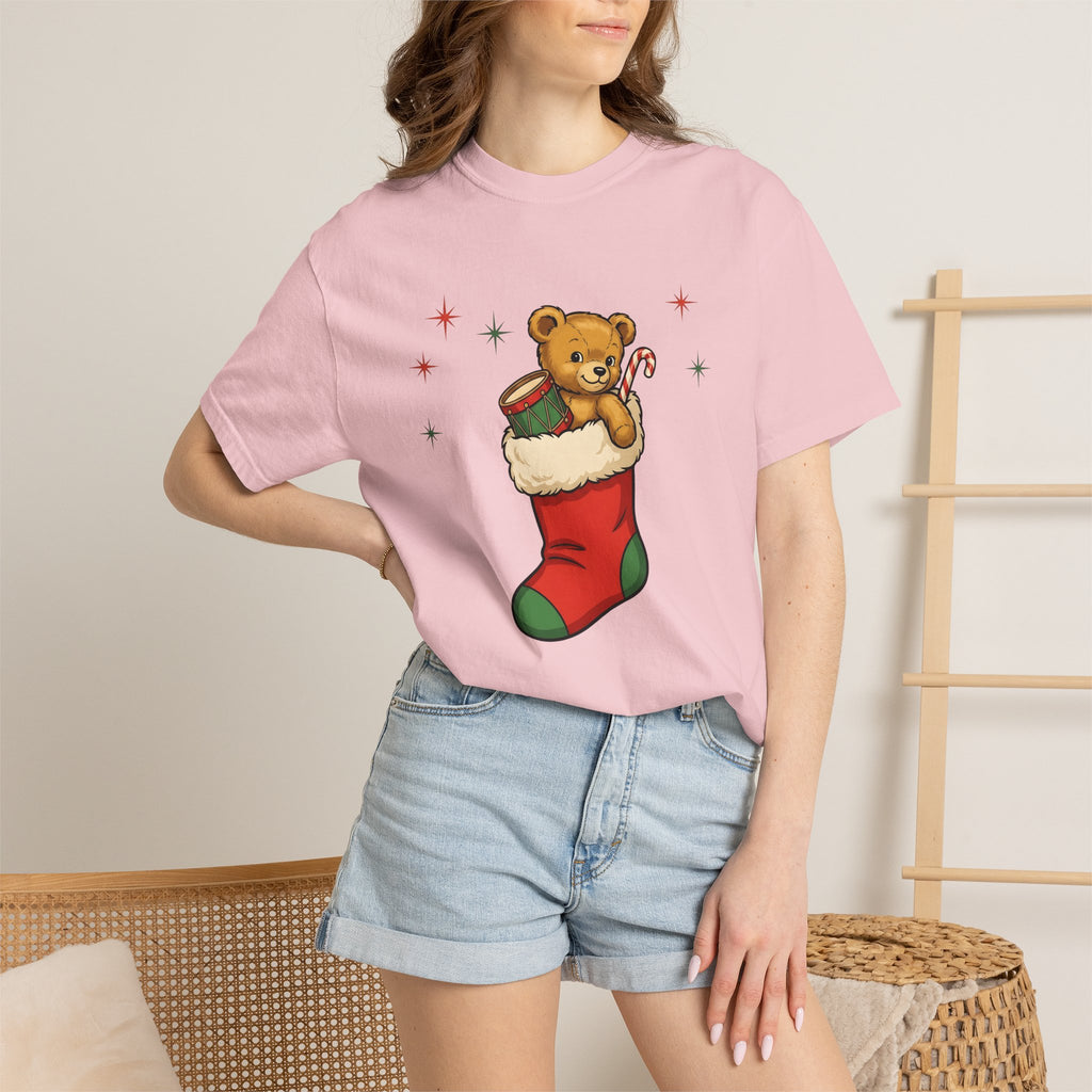 Teddy Bear Stocking Shirt Christmas Wrapping Gift Women Line Art Tee Stocking T-Shirt Holiday Fan Minimalist Tshirt Packaging Graphic