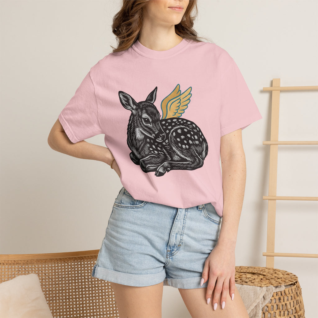 Fawn Shirt Animal Mythical Gift Women Linocut Tee Deer T-Shirt Wildlife Fan Print Illustration Retro Feathers Tshirt