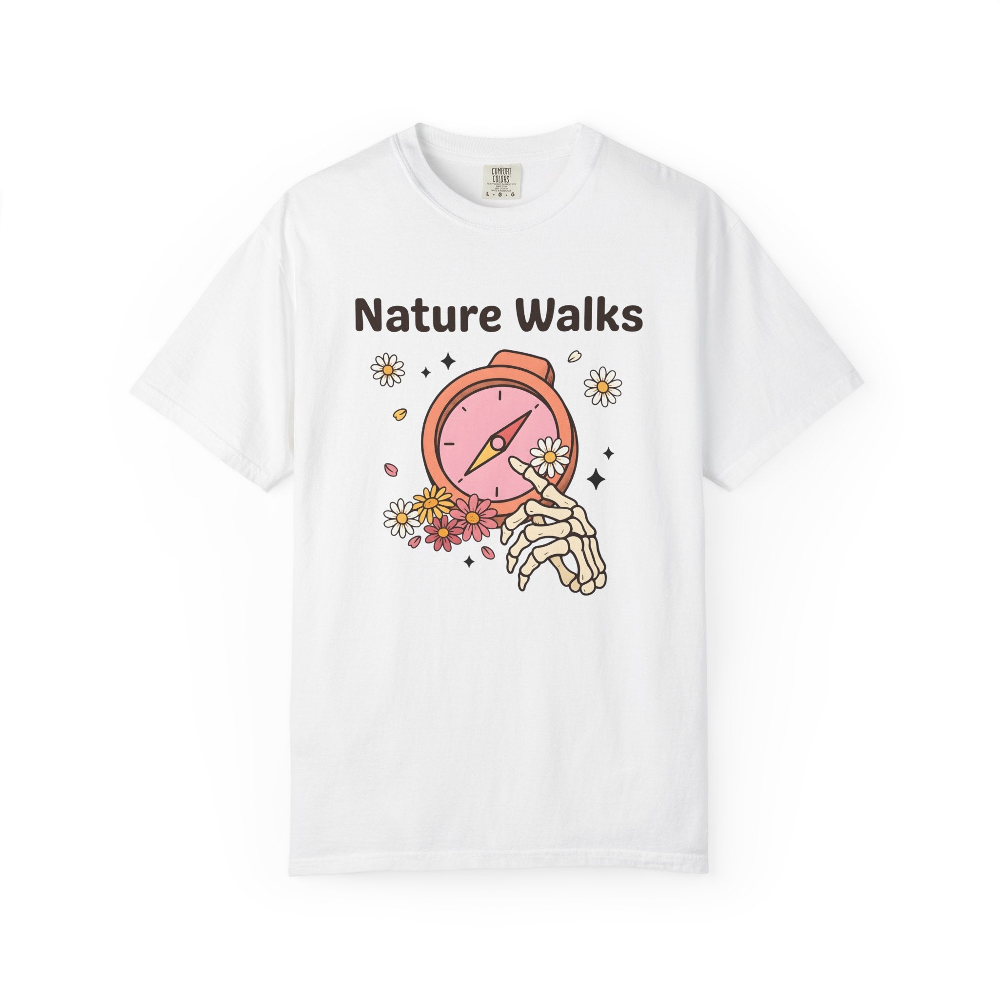 Compass Skeleton Hand Shirt Hiking Floral Gift Women Cartoon Tee Navigation T-Shirt Trekker Enthusiast Illustration Graphic Retro Daisies