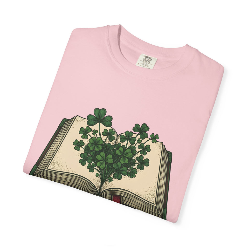 Lucky Leaf Book Shirt St Patrick's Day Amulet Gift Women Hand Drawn Tee Book T-Shirt Patrick's Day Enthusiast Illustrated Graphic Tshirt