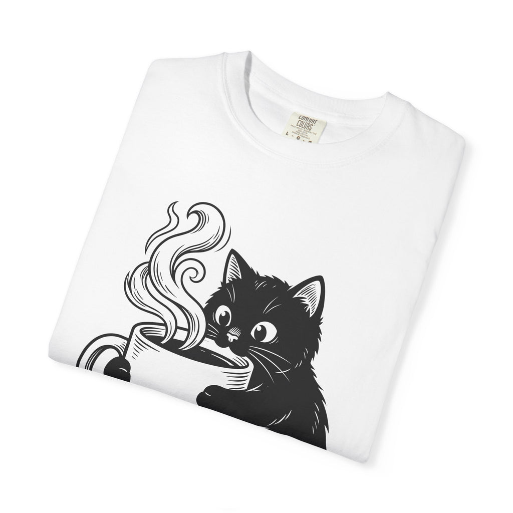 Black Feline Mug Shirt Cat Cappuccino Gift Women Cartoon Tee Cat T-Shirt Cat Fan Kitten Tshirt Coffee Graphic Hand Drawn Hot Steam Tshirt
