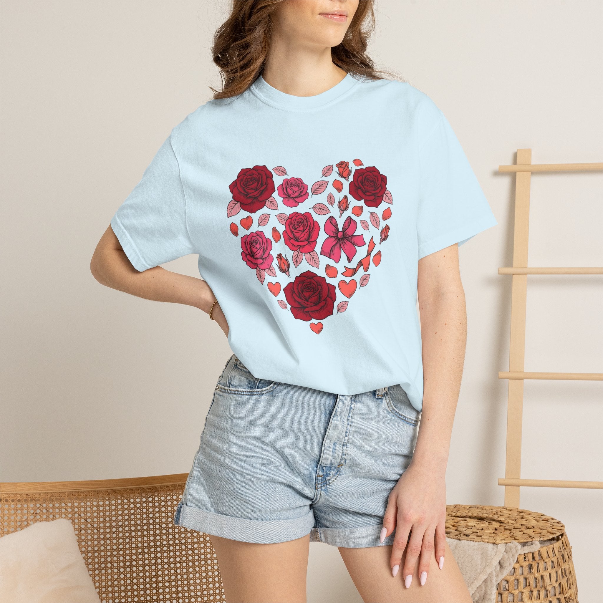 Rose Heart Shirt Valentines Day Floral Gift Women Hand Drawn Tee Heart T-Shirt Valentine Fan Illustrated Tshirt Floral Design Vintage Bow