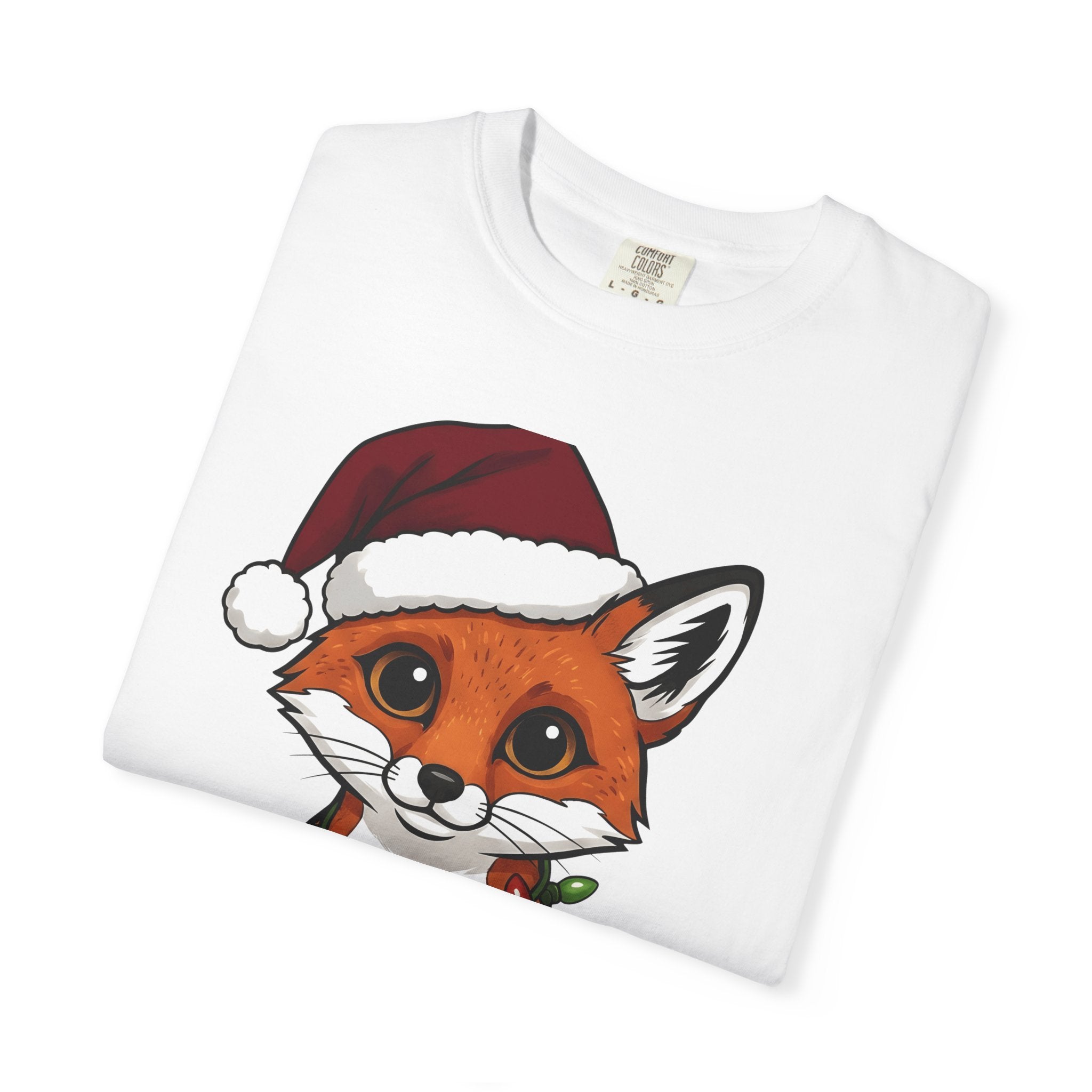 Fox Santa Hat Shirt Christmas Animal Gift Women Cartoon Tee Fox T-Shirt Xmas Fan Fox Graphic Kawaii Christmas Lights Tshirt