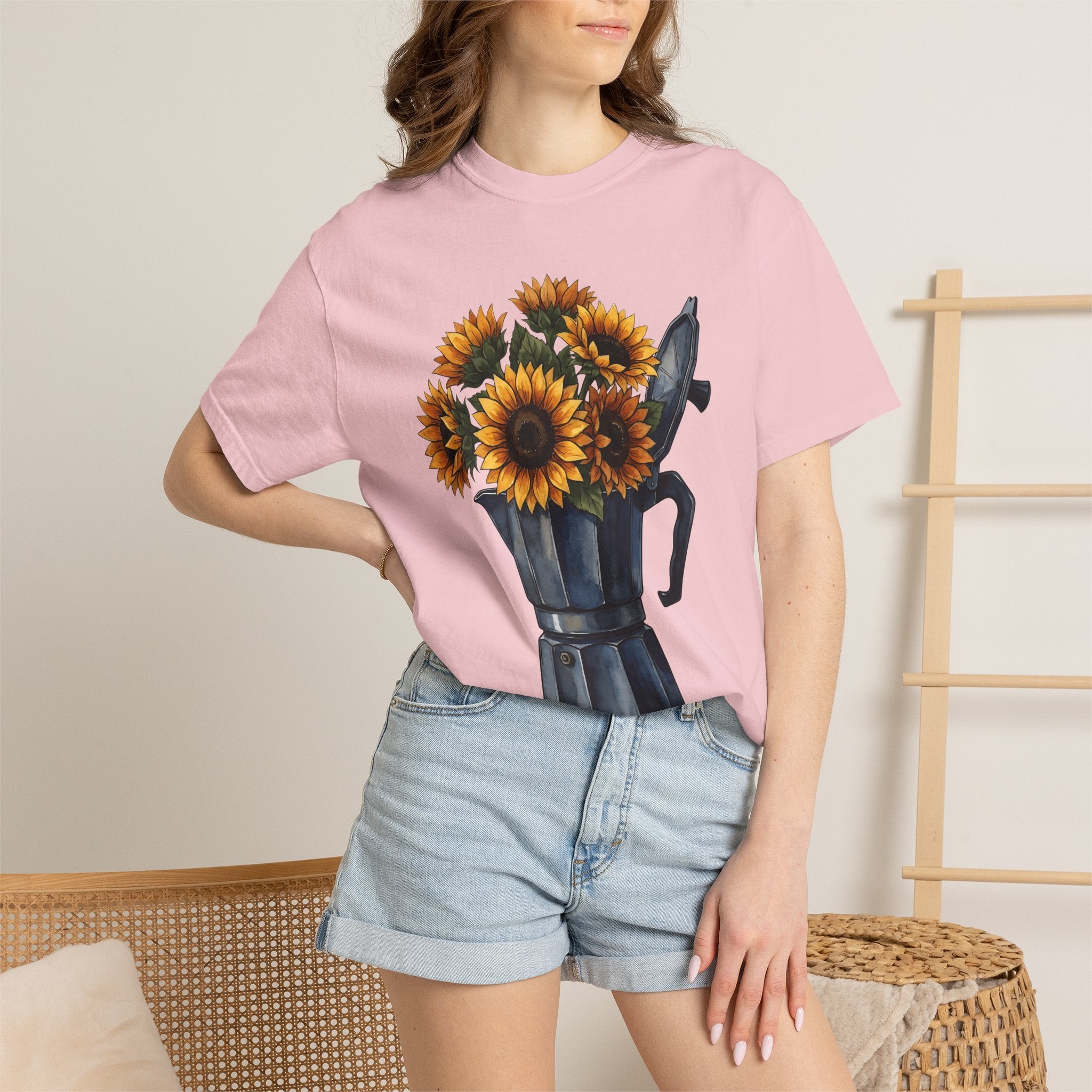 Coffee Pot Sunflowers Shirt Coffee Bouquet Gift Women Brush Stroke Tee Sunflower Pot T-Shirt Coffee Fan Painted Tshirt Floral Graphic