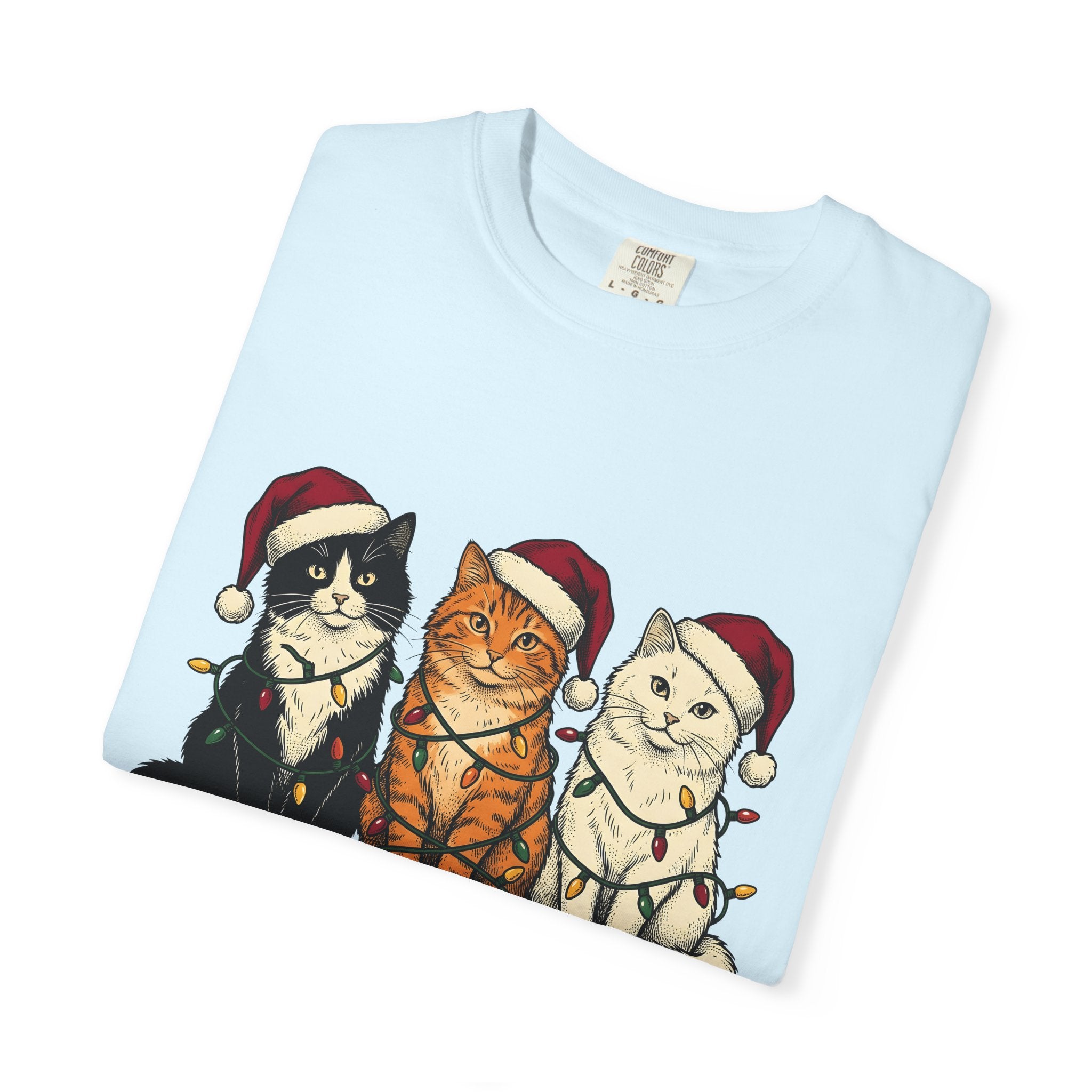 Cat Group Shirt Christmas Animals Gift Women Sketch Tee Kittens T-Shirt Xmas Fan Feline Tshirt Creature Graphic Retro Holiday Lights Tshirt