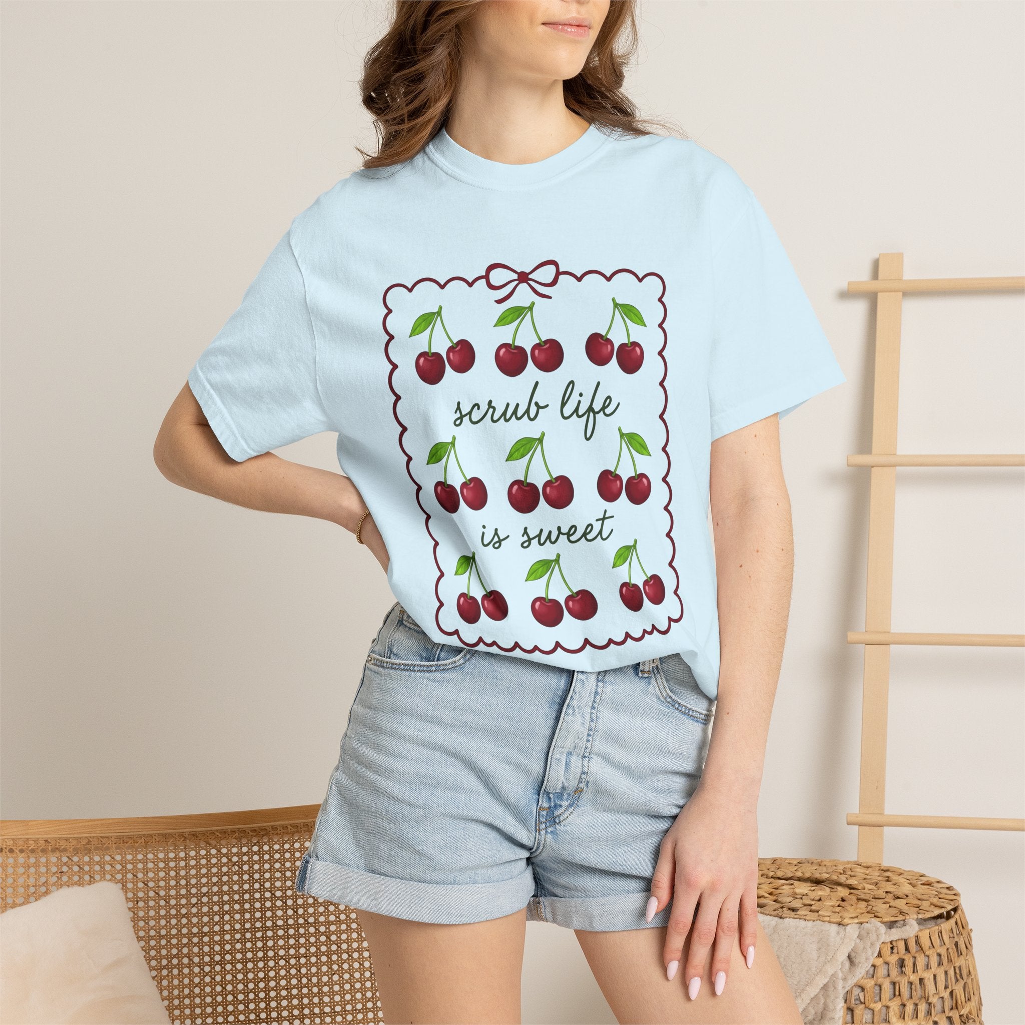 Cherry Graphic Shirt Nurses Food Gift Women Cute Tee Fruit T-Shirt Nurse Enthusiast Kawaii Tshirt Cuisine Graphic Hand Drawn Bow Tshirt