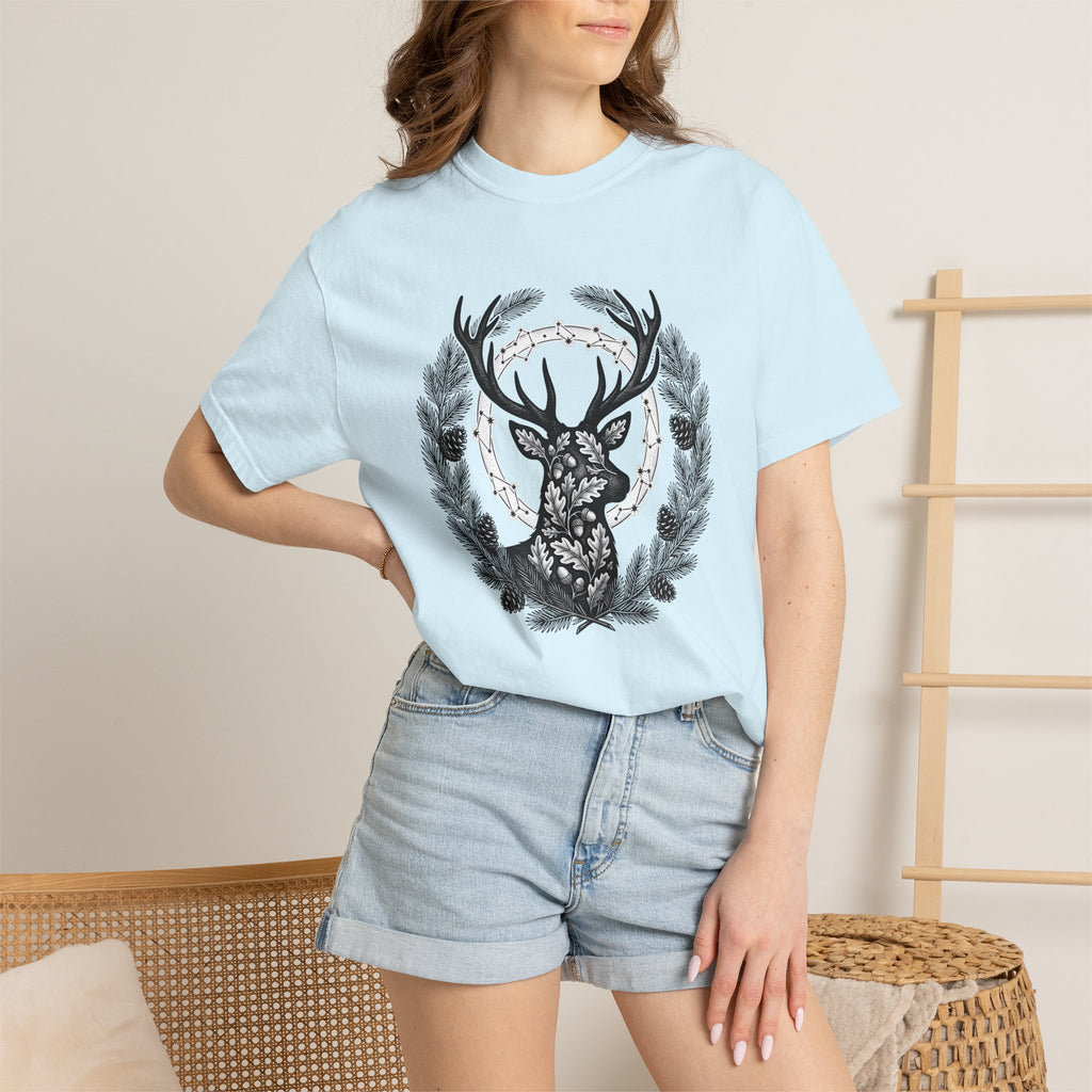 Buck Silhouette Shirt Boho Chic Plants Gift Women Leaf Tee Deer T-Shirt Bohemian Fan Botanical Tshirt Floral Graphic Sketch Cone Cluster