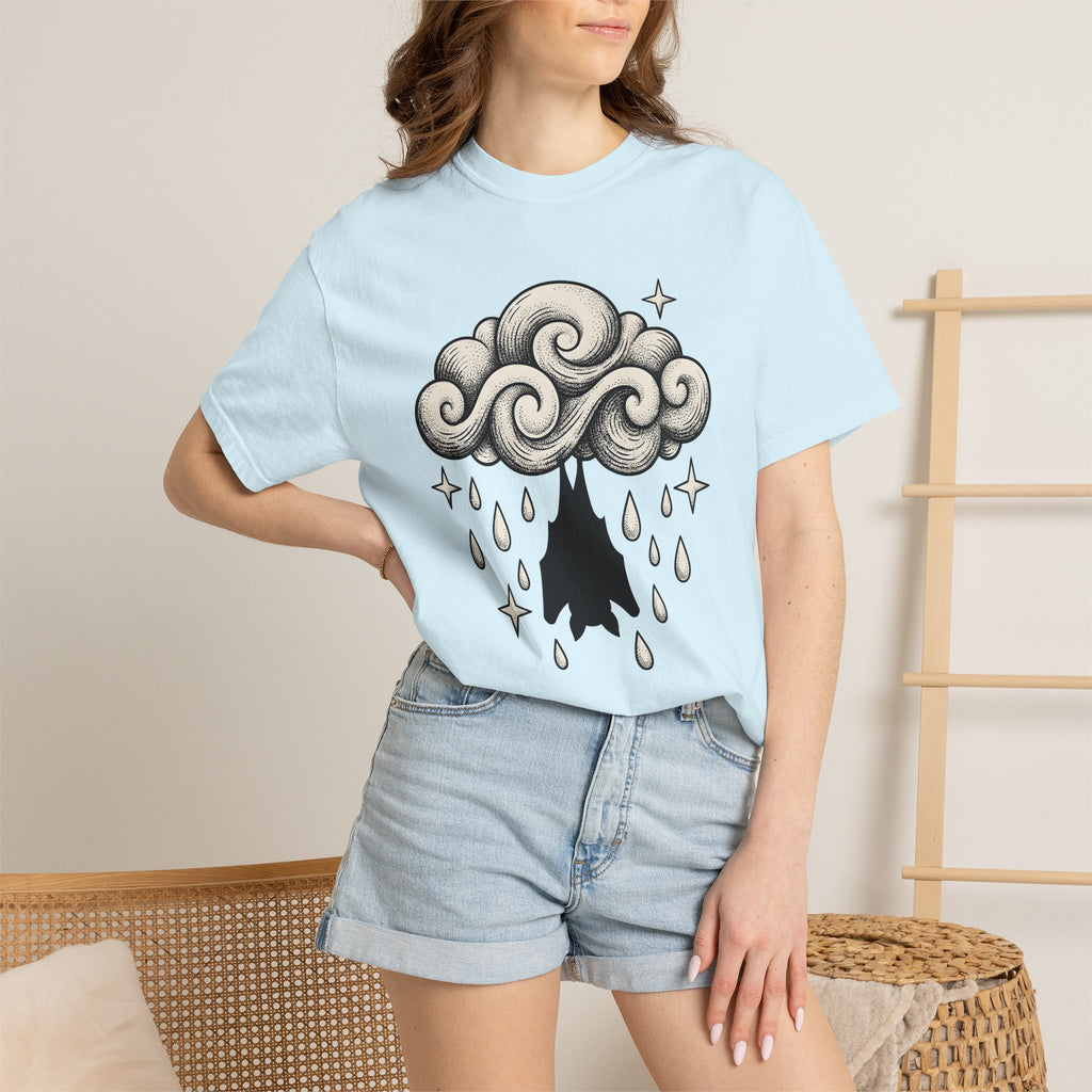 Bat Cloud Shirt Boho Chic Supernatural Gift Women Cartoon Tee Storm Cloud T-Shirt Bohemian Fan Comic Tshirt Paranormal Graphic Faded Glitter