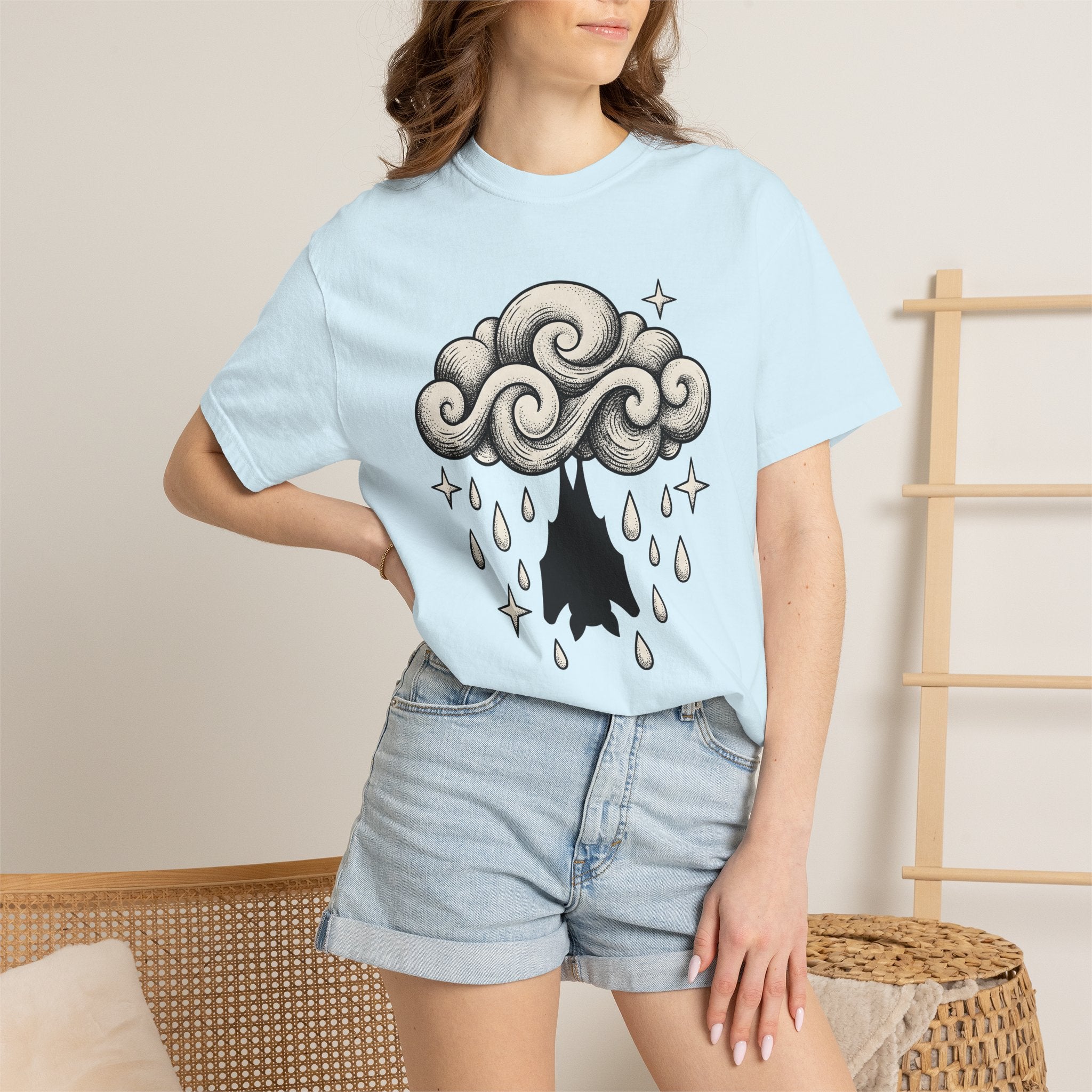 Bat Cloud Shirt Boho Chic Supernatural Gift Women Cartoon Tee Storm Cloud T-Shirt Bohemian Fan Comic Tshirt Paranormal Graphic Faded Glitter