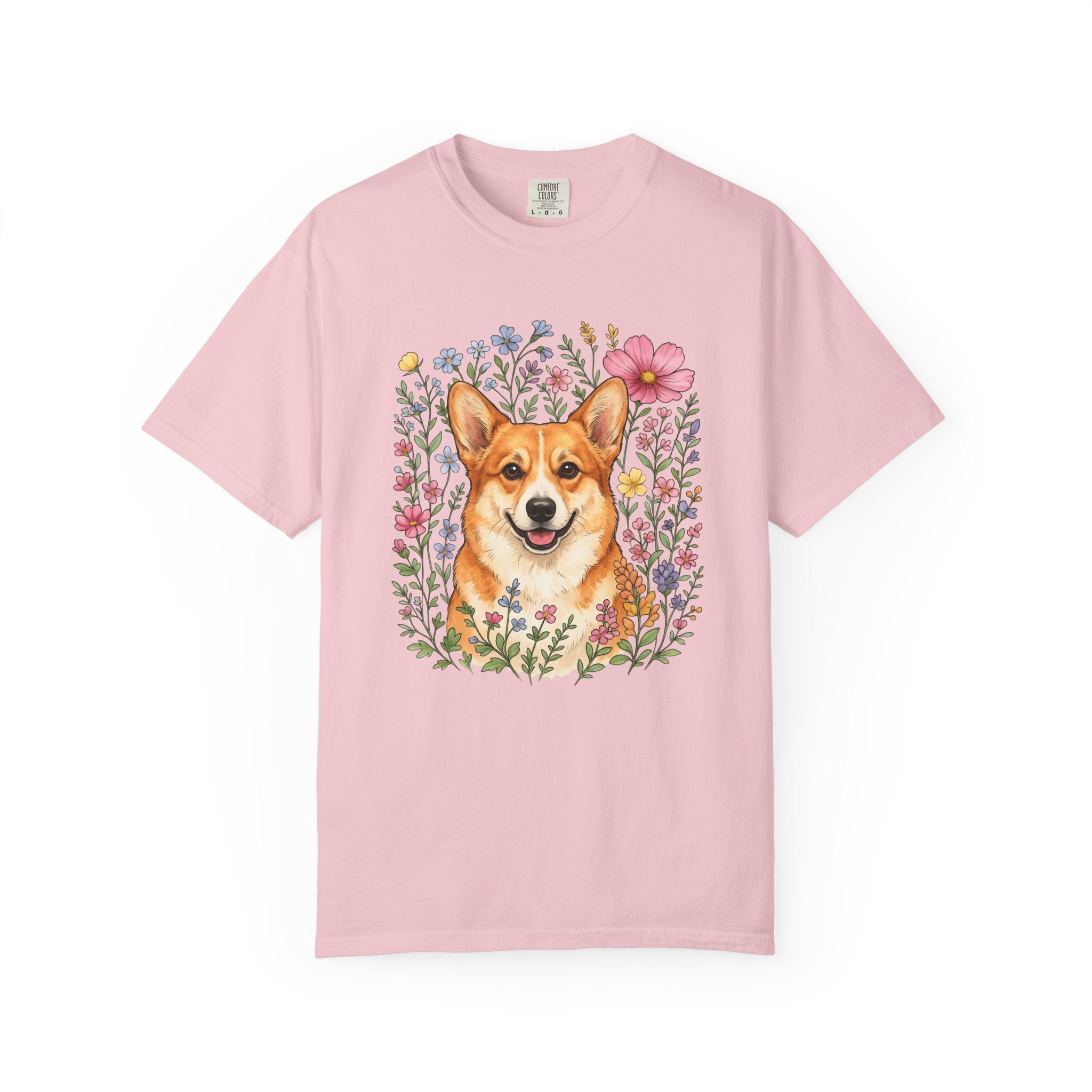 Corgi Pet Shirt Dog Blossoms Gift Women Line Art Tee Puppy T-Shirt Dog Fan Canine Tshirt Floral Graphic Pastel Garden Blooms Tshirt