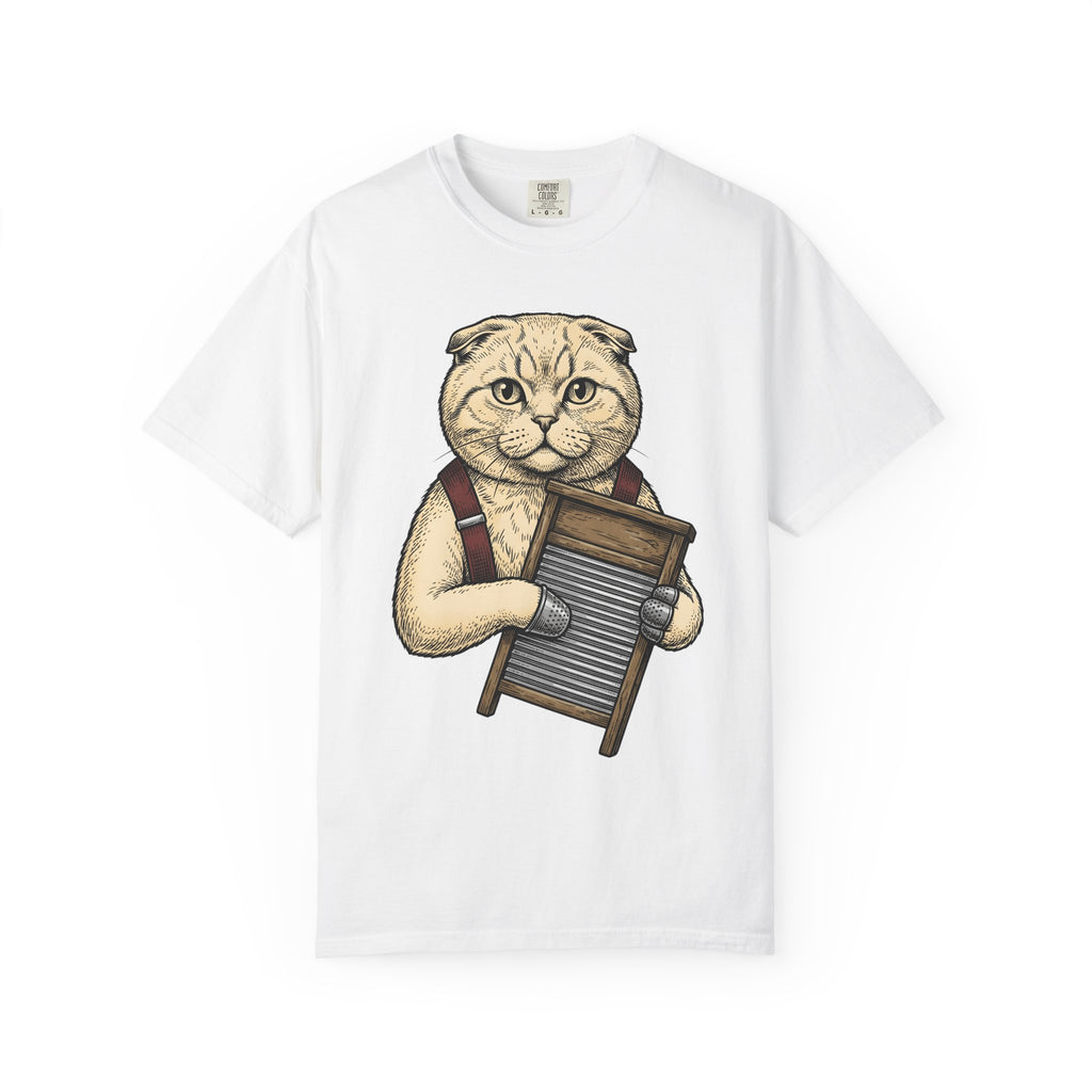 Scottish Fold Pussycat Shirt Cat Musical Items Gift Women Minimalist Tee Cat T-Shirt Cat Fan Simple Tshirt Music Graphic Outline Washboard