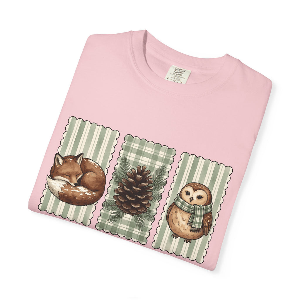 Forest Critters Shirt Christmas Environment Gift Women Ink Tee Wildlife T-Shirt Xmas Fan Nature Tshirt Eco Graphic Line Art Seed Cone Tshirt