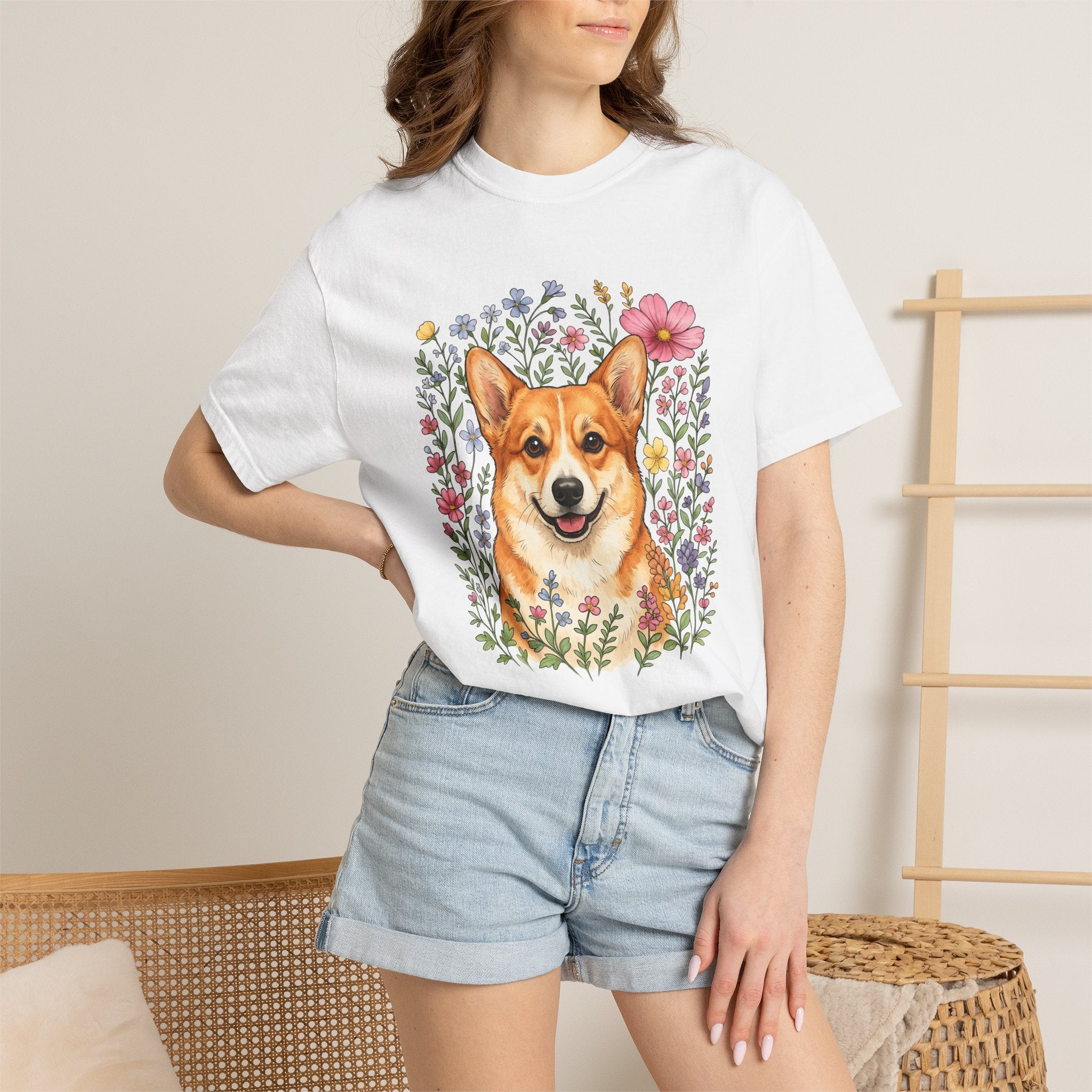 Corgi Pet Shirt Dog Blossoms Gift Women Line Art Tee Puppy T-Shirt Dog Fan Canine Tshirt Floral Graphic Pastel Garden Blooms Tshirt