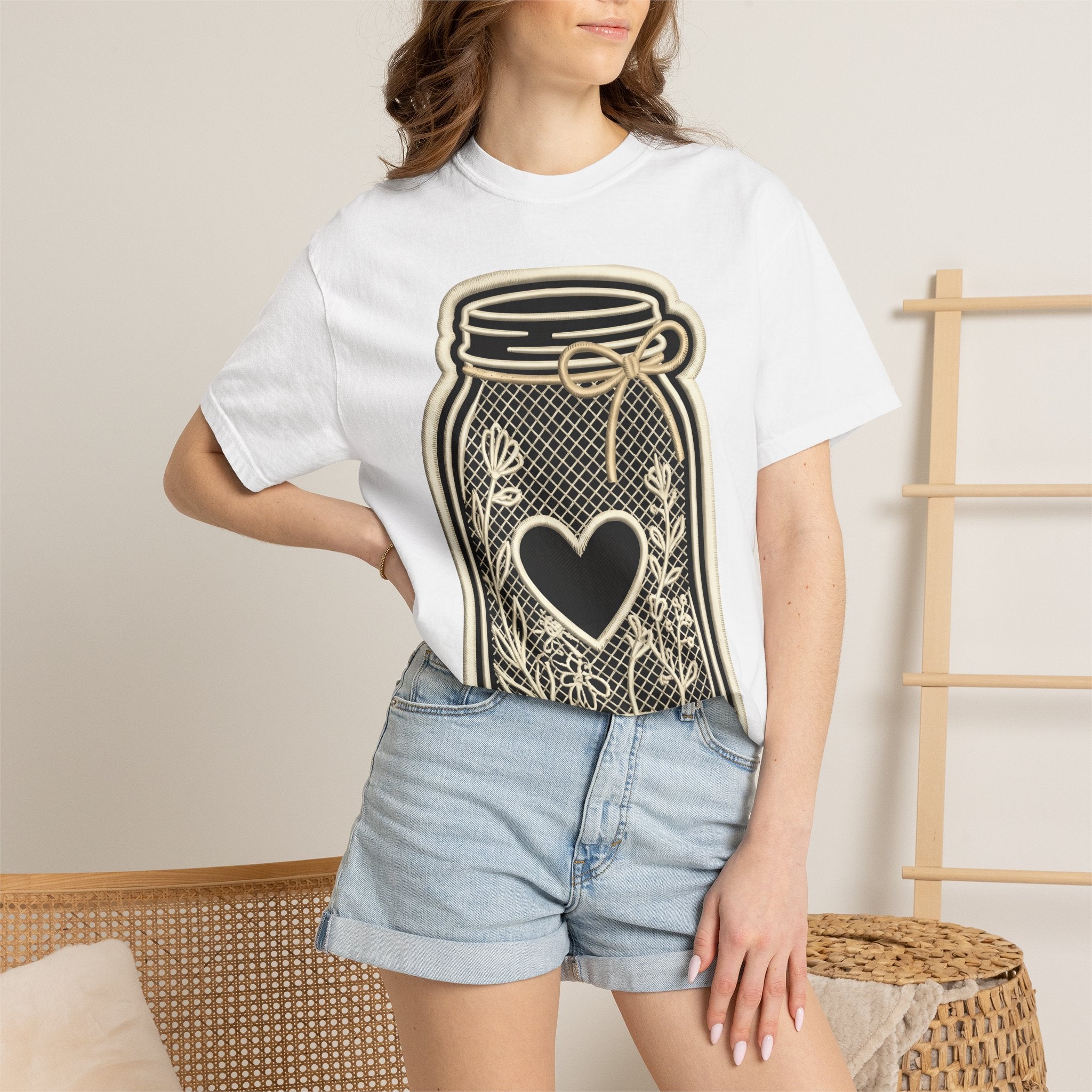 Canning Jar Heart Shirt Easter Country Gift Women Outline Tee Mason Jar T-Shirt Spring Fan Line Art Tshirt Rustic Graphic Modern Flower