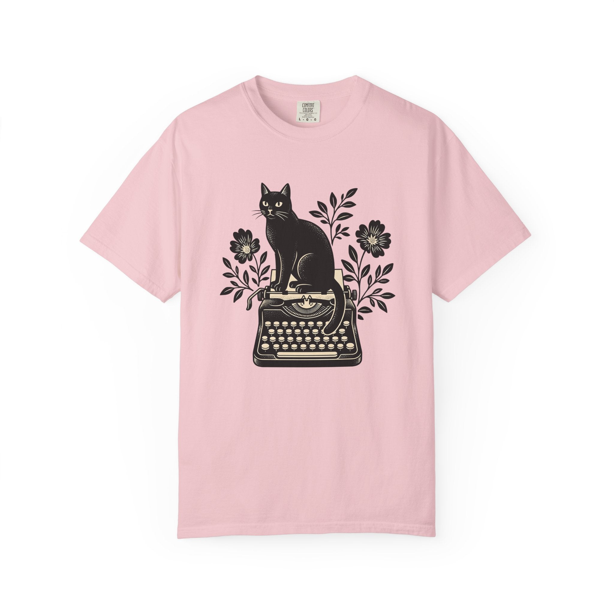 Black Cat Typewriter Shirt Cat Botanical Gift Women Hand Drawn Tee Cat T-Shirt Cat Fan Feline Tshirt Floral Graphic Line Art Flower Bouquet