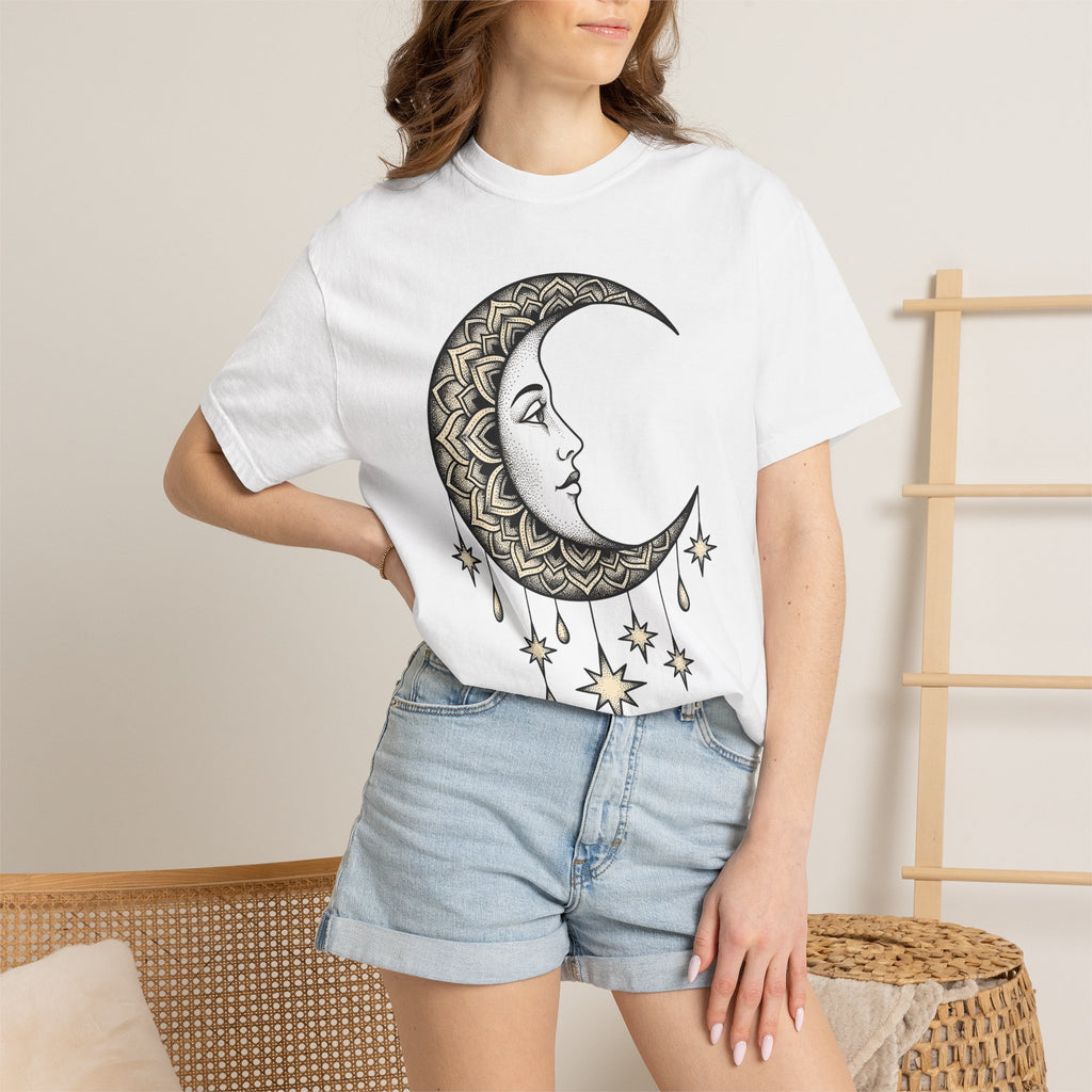 Crescent Moon Shirt Boho Chic Astrology Gift Women Henna Tee Lunar T-Shirt Bohemian Fan Mehndi Tshirt Zodiac Graphic Retro Sparkles Tshirt