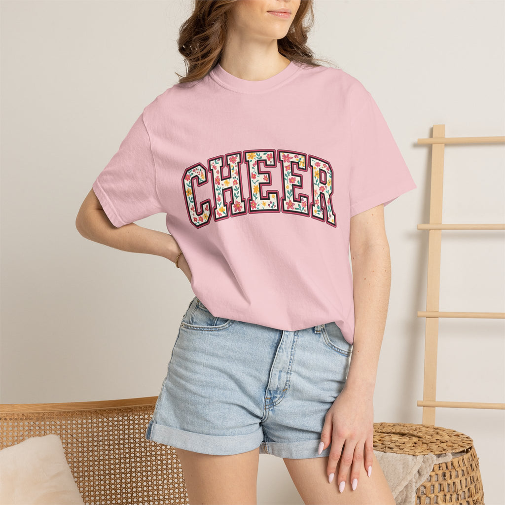 Varsity Blossom Text Shirt Cheer Petals Gift Women Heavy Tee Lettering T-Shirt Spirit Fan Bold Tshirt Floral Graphic Old School Floral