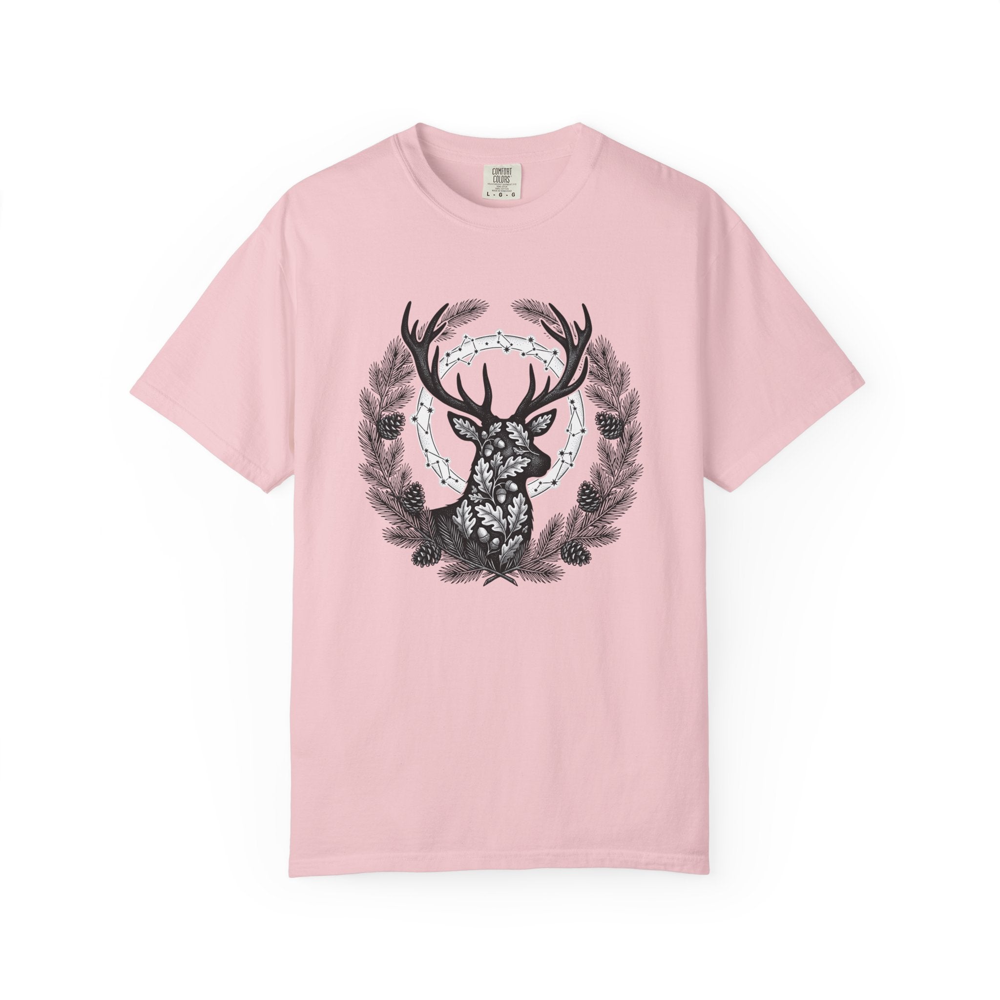 Buck Silhouette Shirt Boho Chic Plants Gift Women Leaf Tee Deer T-Shirt Bohemian Fan Botanical Tshirt Floral Graphic Sketch Cone Cluster