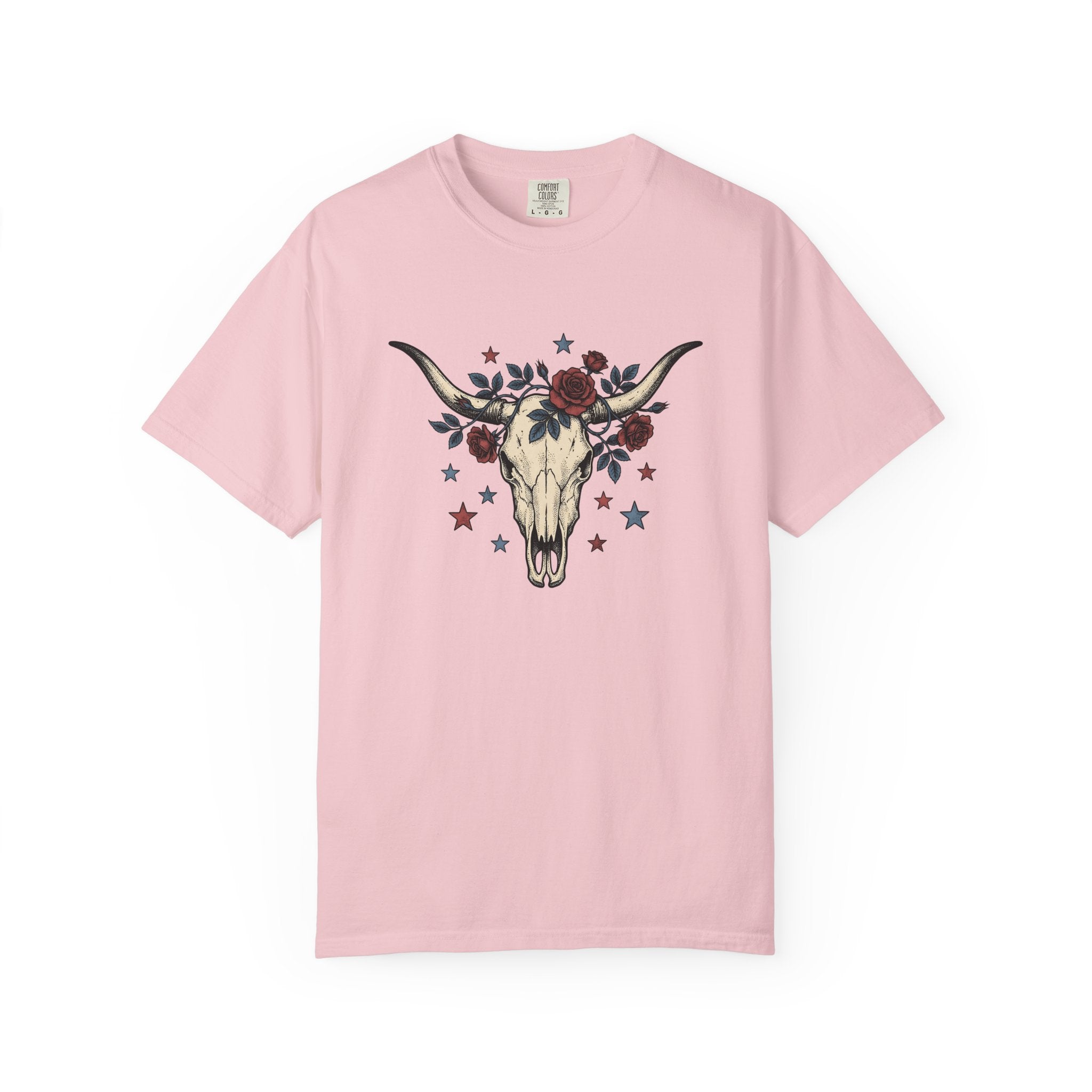 Cow Skull Shirt America Western Gift Women Tattoo Tee Bull Skull T-Shirt American Fan Ink Tshirt Rodeo Graphic Vintage Red Roses Tshirt