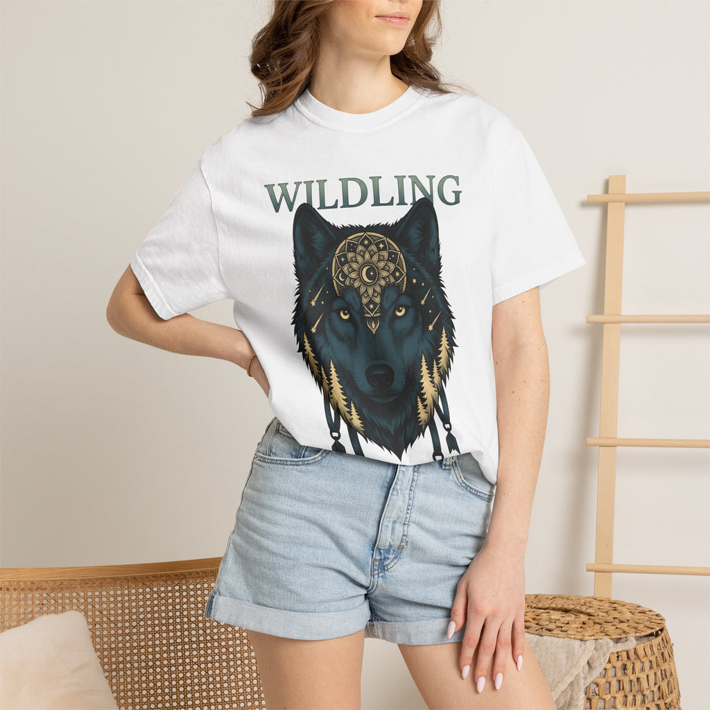 Wolf Pattern Shirt Boho Chic Fauna Gift Women Tribal Tee Wolf T-Shirt Bohemian Fan Primitive Tshirt Wildlife Graphic Classic Fir Trees