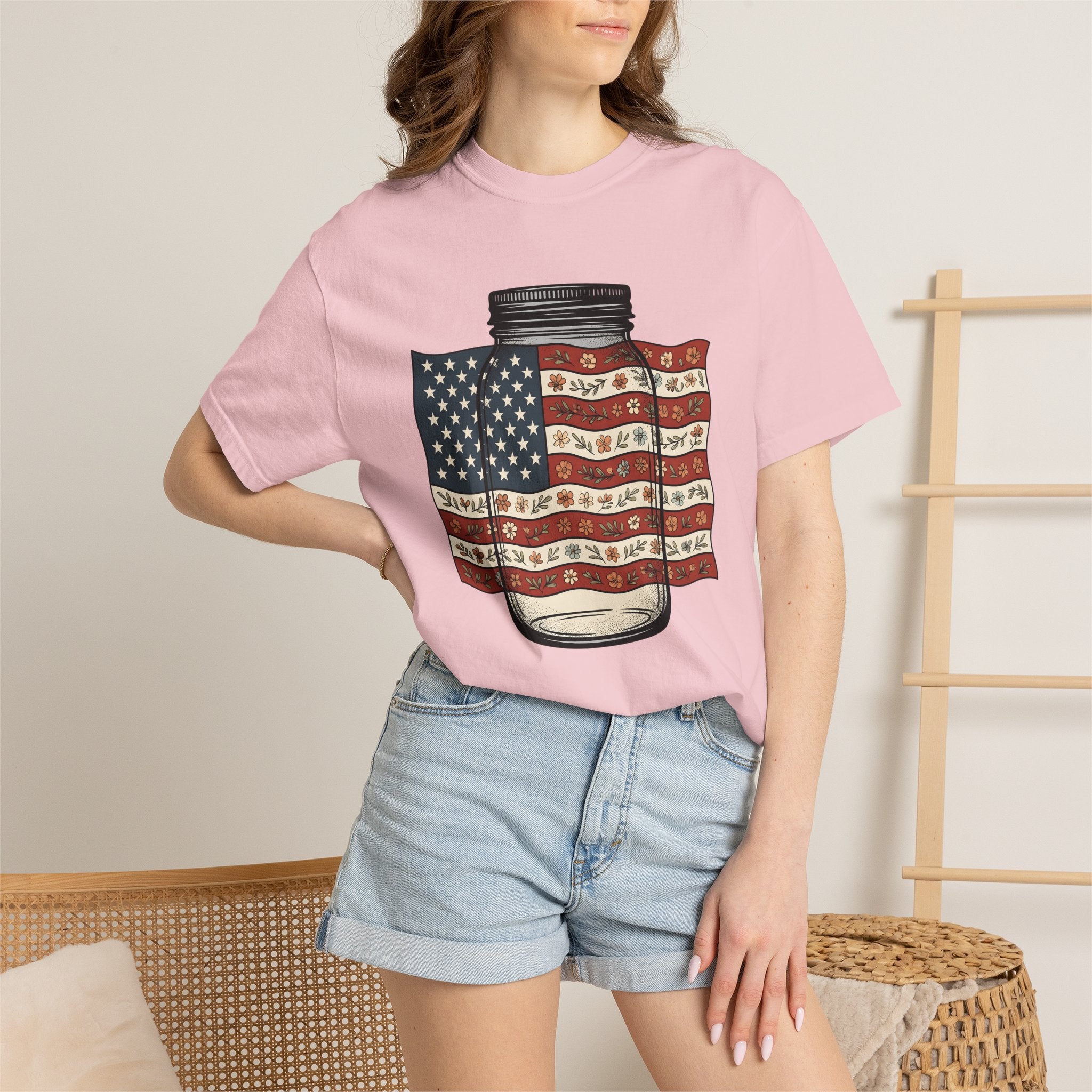 Mason Jar Flag Shirt 4th Of July Americana Gift Women Old School Tee Mason Jar T-Shirt Patriot Fan Vintage Tshirt Patriotic Graphic Outline