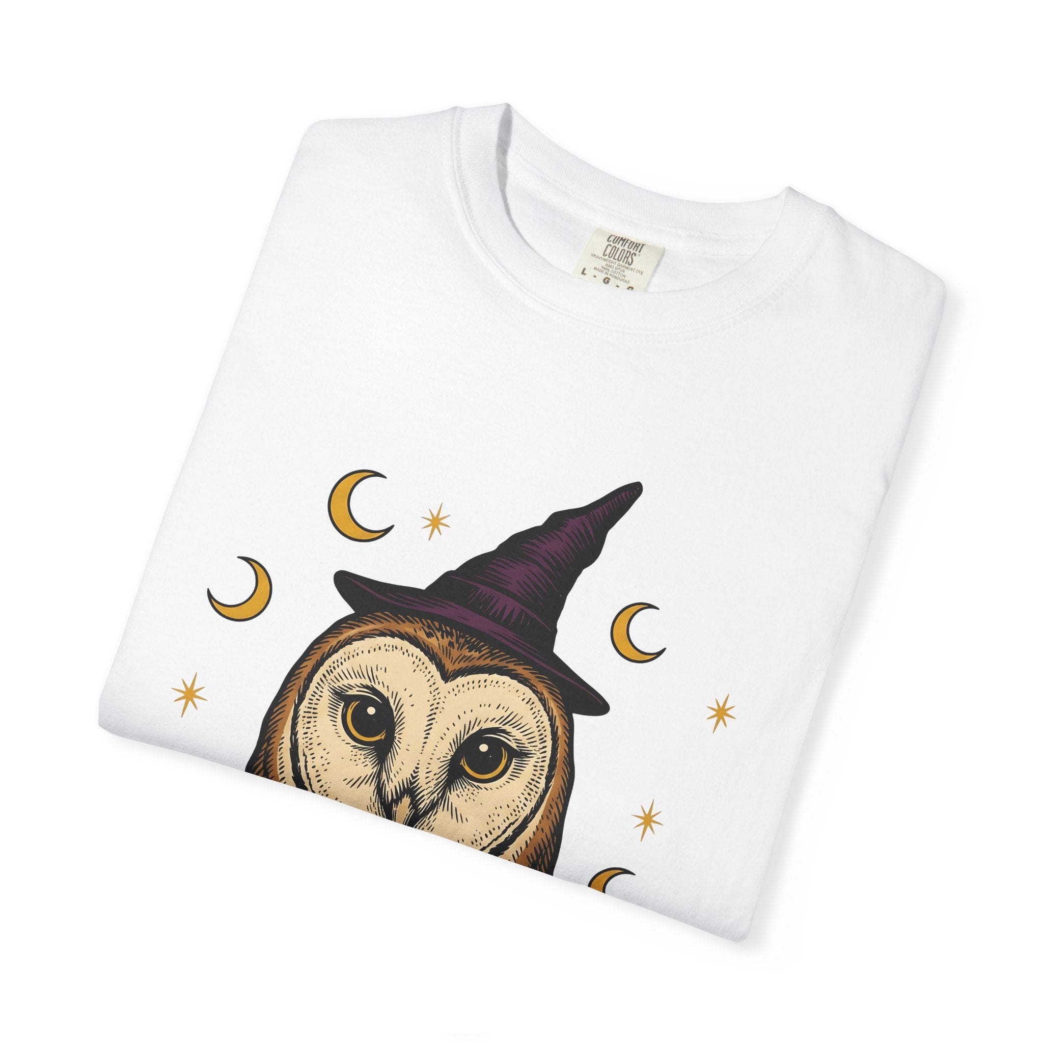 Owl Wizard Hat Shirt Halloween Wildlife Gift Women Sketch Tee Wizard Hat T-Shirt Horror Fan Drawing Graphic Retro Moon Phases Tshirt