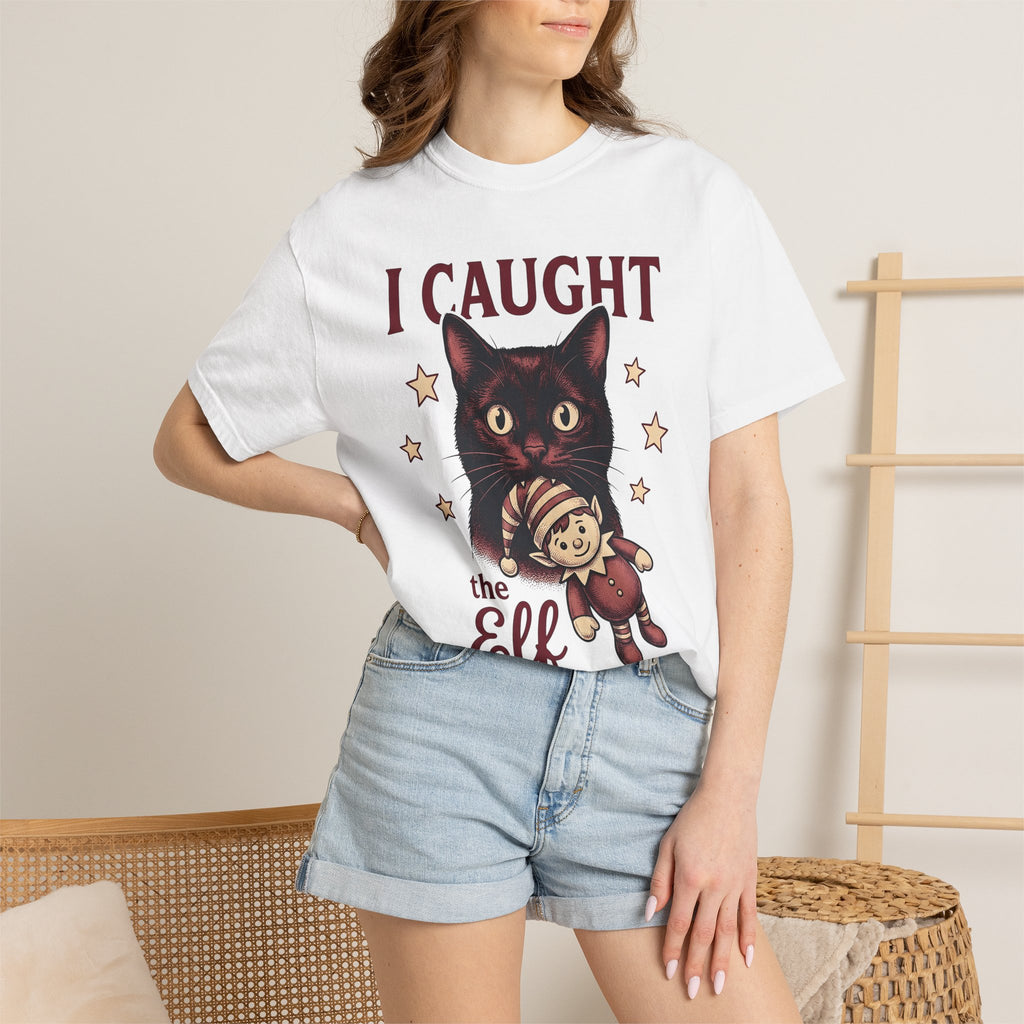 Black Cat Shirt Cat Christmas Gift Women Vintage Tee Cat T-Shirt Cat Fan Retro Tshirt Winter Graphic Hand Drawn Elf Doll Tshirt