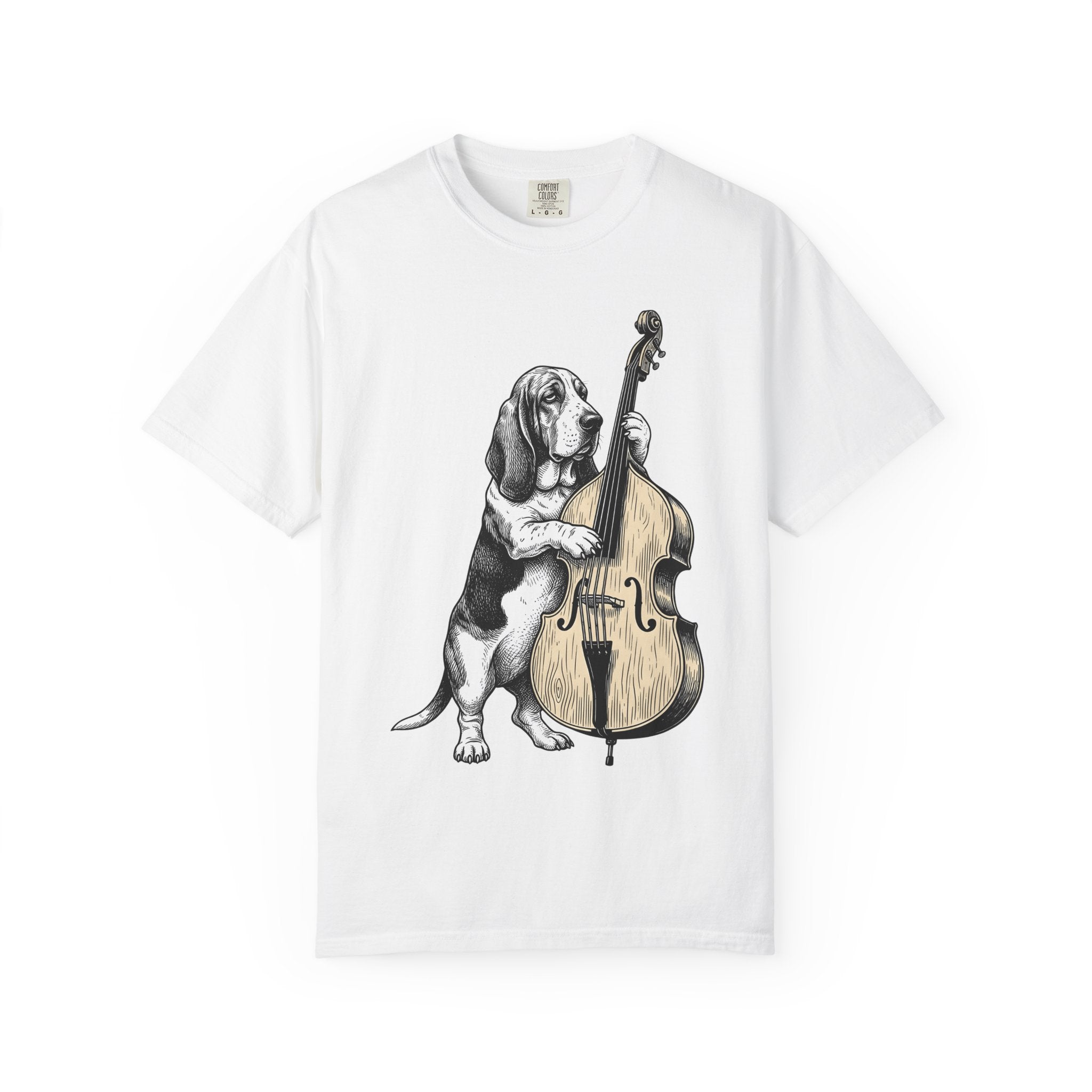 Basset Hound Shirt Dog Music Gift Women Hand Drawn Tee Hound Dog T-Shirt Dog Fan Illustrated Graphic Tshirt Vintage Upright Bass Tshirt