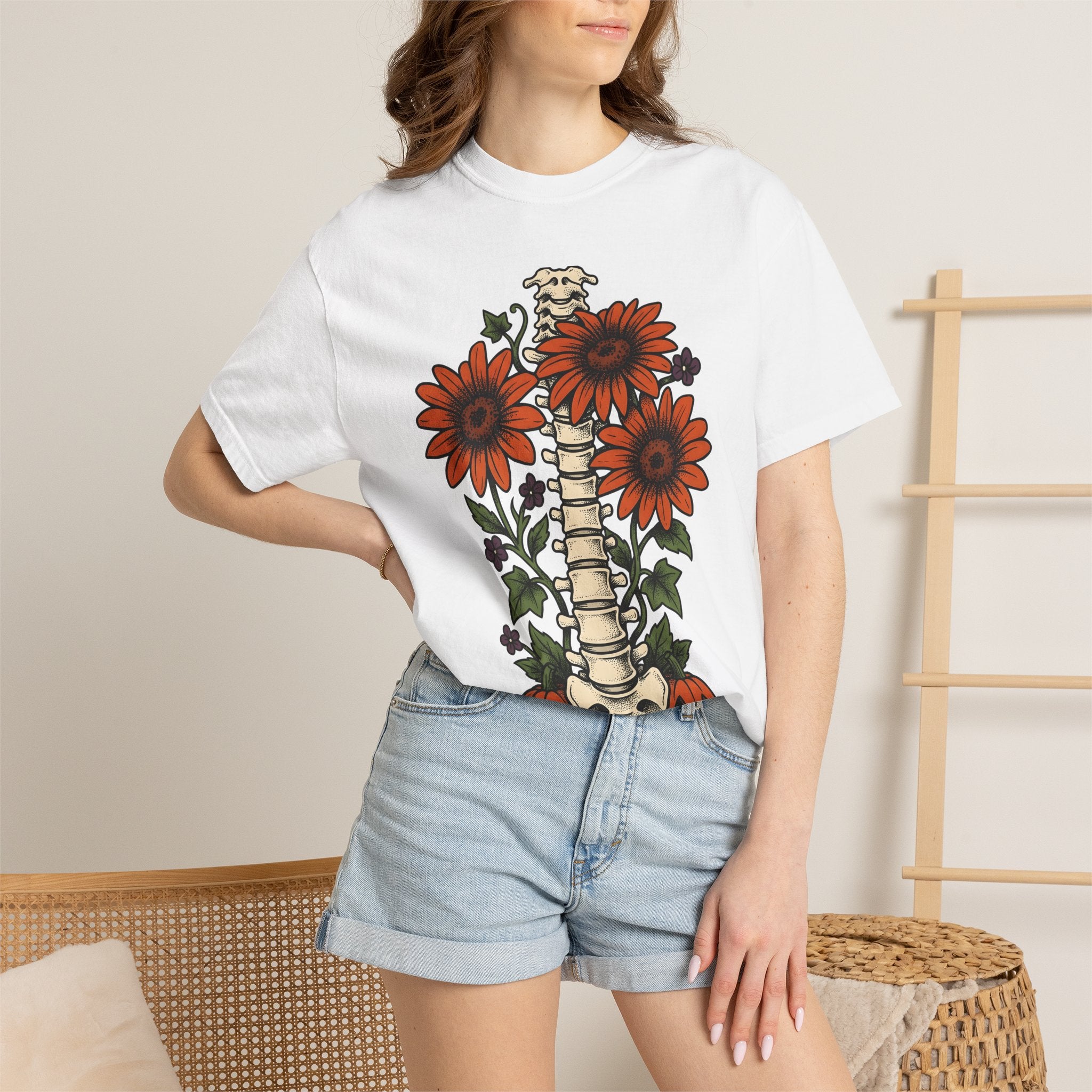 Spine Flower Pumpkins Shirt Halloween Horror Gift Women Ink Tee Gourd T-Shirt Horror Fan Tattoo Tshirt Horror Graphic Retro Sunflower Tshirt