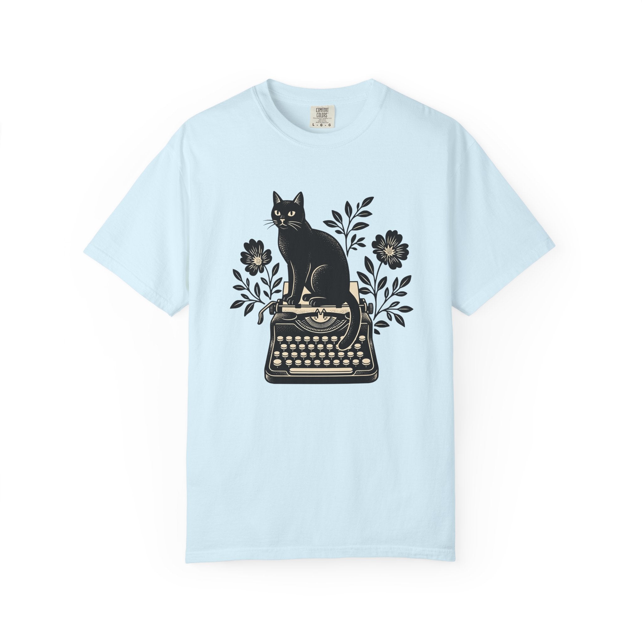 Black Cat Typewriter Shirt Cat Botanical Gift Women Hand Drawn Tee Cat T-Shirt Cat Fan Feline Tshirt Floral Graphic Line Art Flower Bouquet
