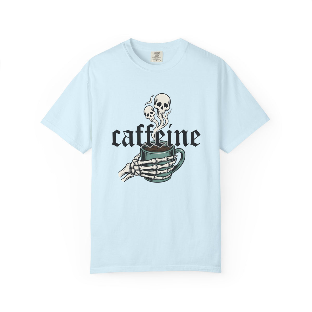 Skull Hand Coffee Mug Spooky T-Shirt – Halloween Horror Caffeine Lover, Unisex Graphic Tee