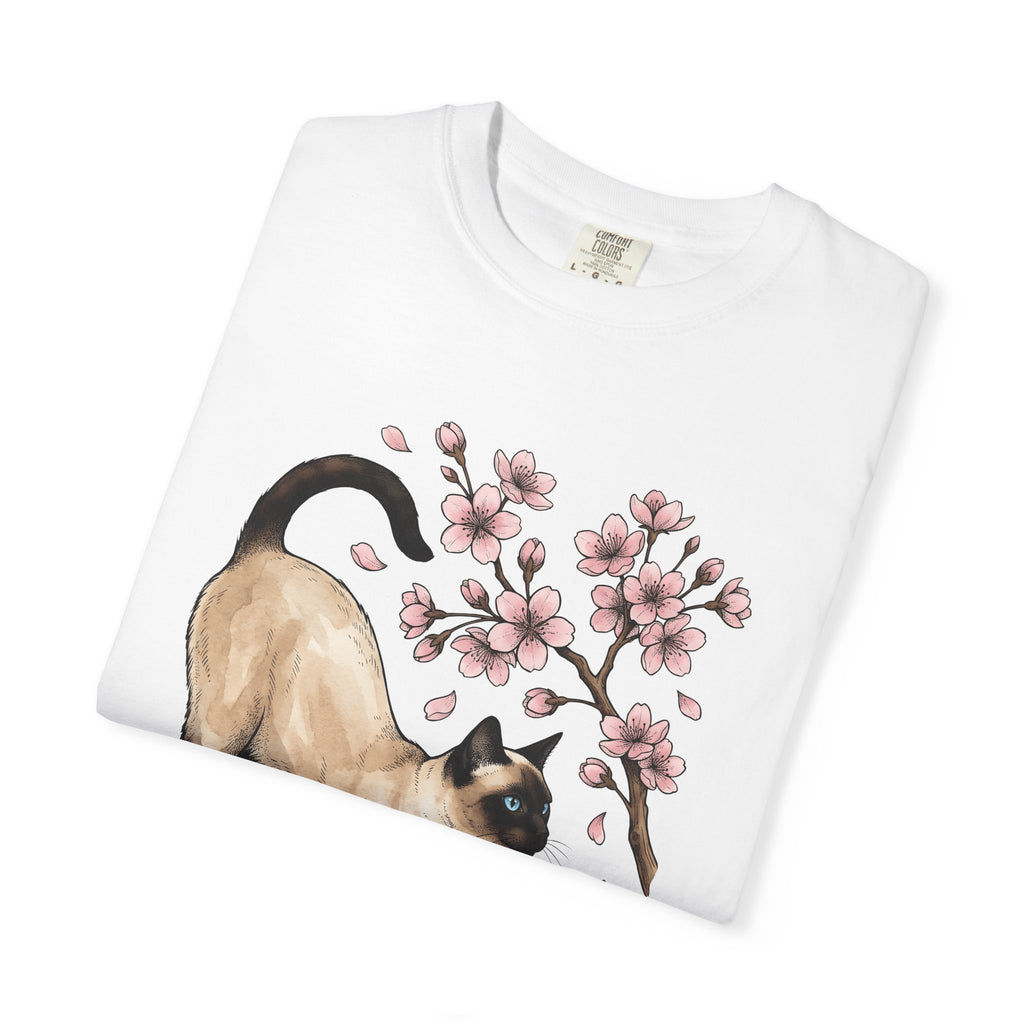 Siamese Kitten Shirt Cat Flower Gift Women Painting Tee Kitten T-Shirt Cat Fan Feline Tshirt Floral Graphic Sketch Sakura Flower Tshirt